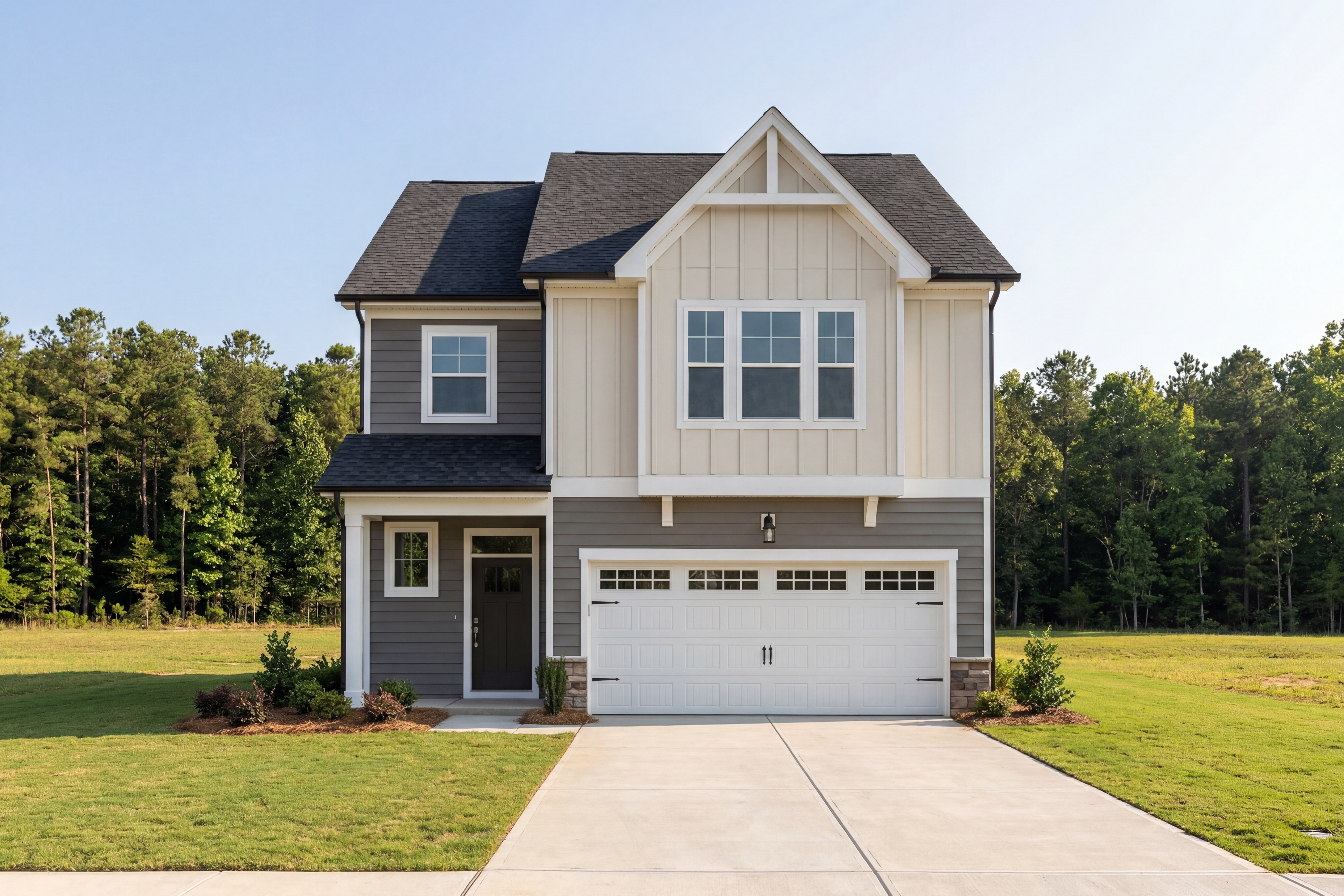 Two-story Adalynn B home elevation with gray siding, white trim, gabled roof, two-car garage, and landscaped yard in Lillington NC