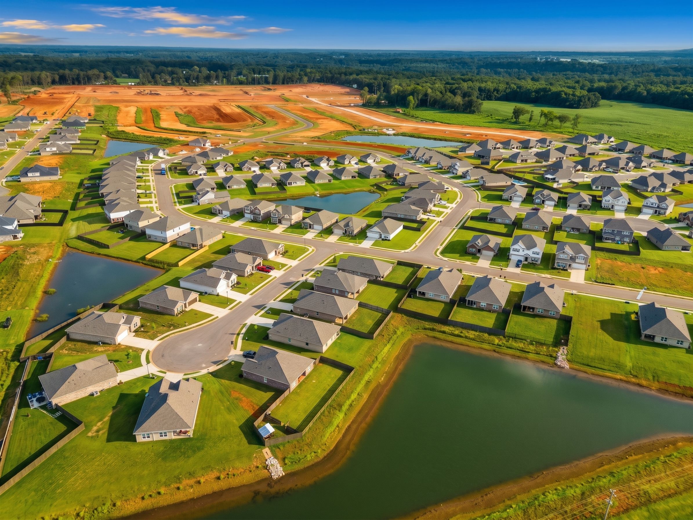 Aerial view of Heritage Lakes neighborhood in New Market Alabama with new homes ponds and green spaces
