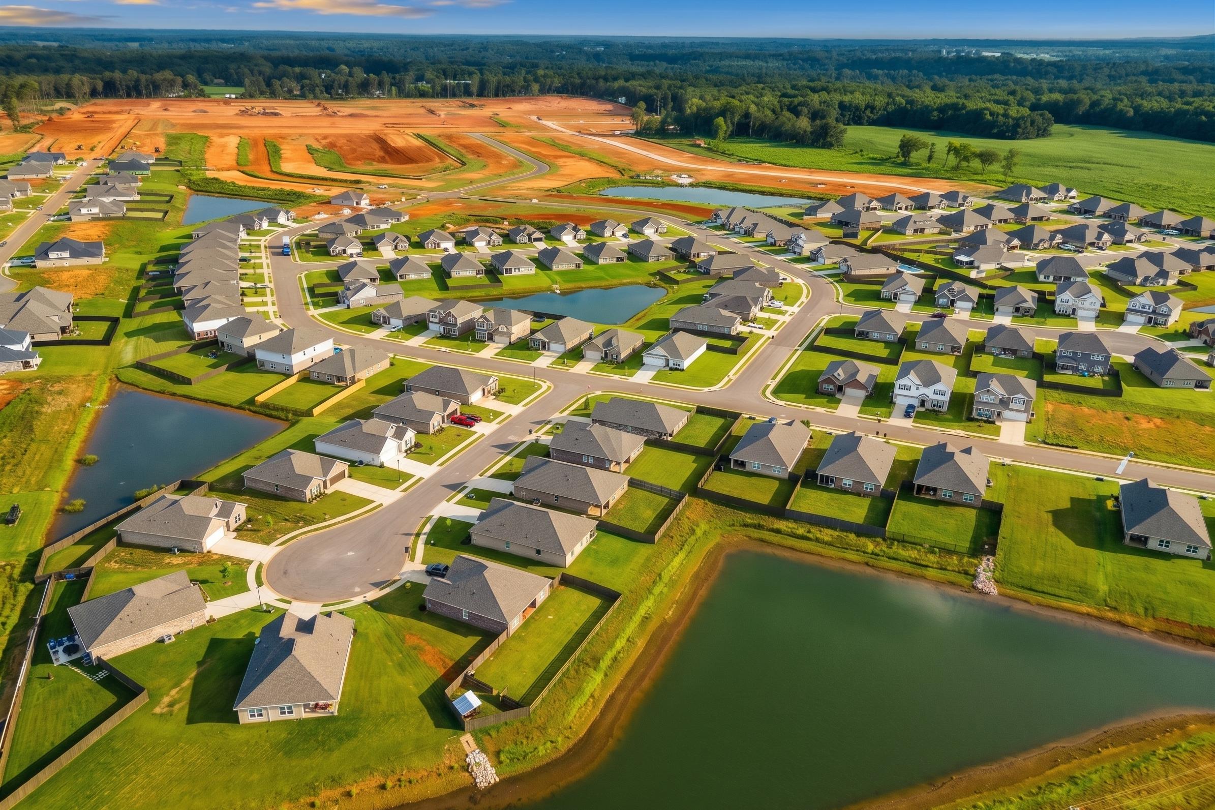 Aerial view of Heritage Lakes neighborhood in New Market Alabama with new homes ponds and green spaces