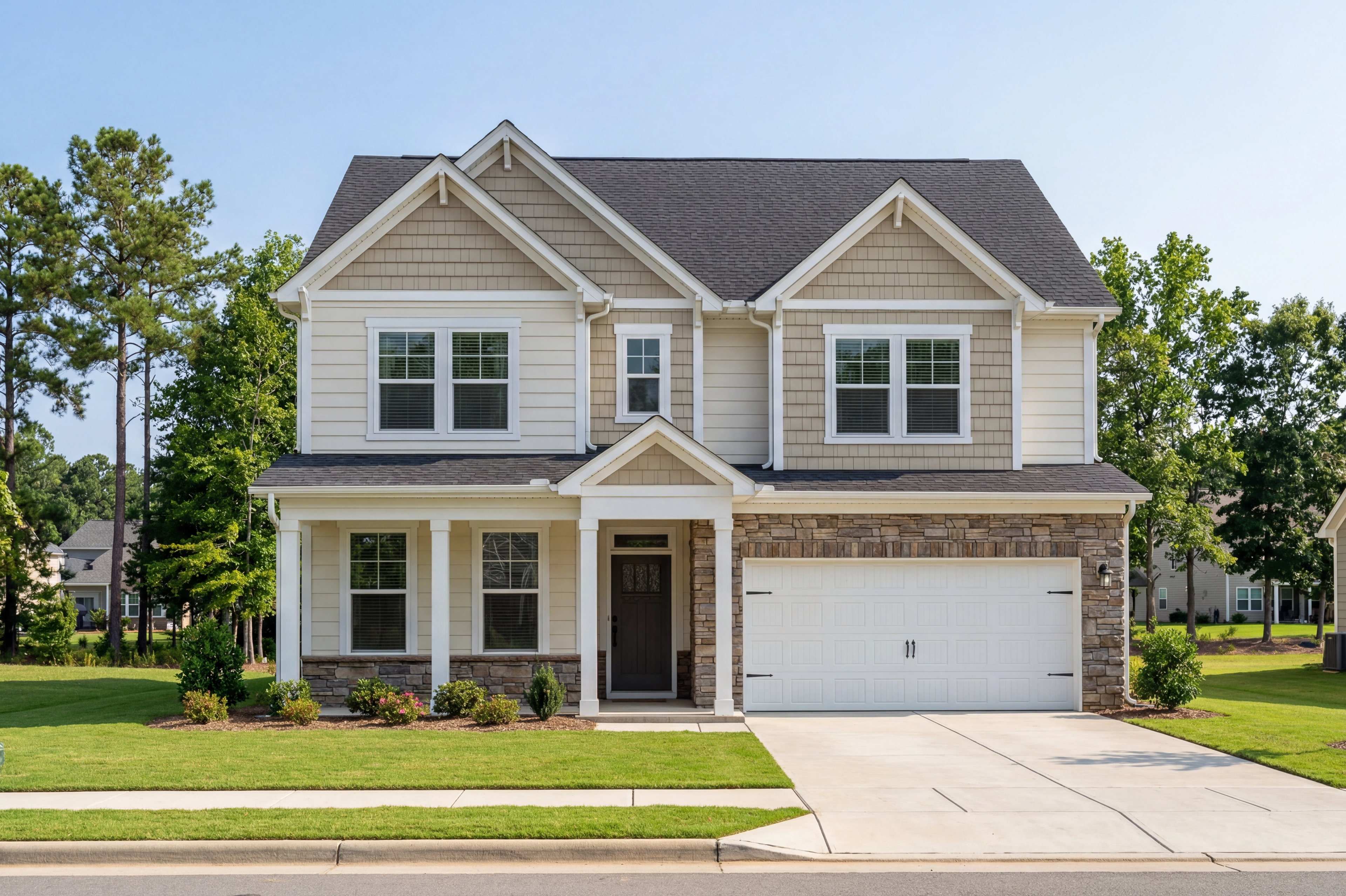 Two-story Chestnut home elevation by Davidson Homes, craftsman siding with stone accents, covered porch, two-car garage, lush yard in Wendell NC