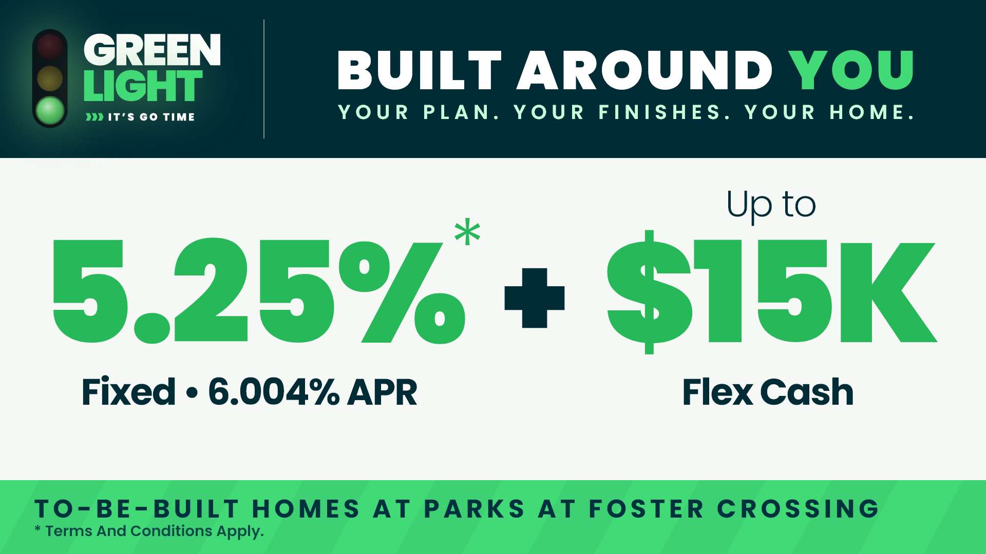Green Light "Built Around You" promotion: 5.25% fixed rate lock plus $15K flex cash on to-be-built homes at Parks at Foster Crossing.