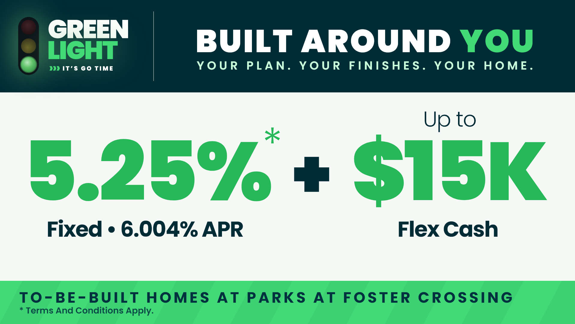 Green Light "Built Around You" promotion: 5.25% fixed rate lock plus $15K flex cash on to-be-built homes at Parks at Foster Crossing.