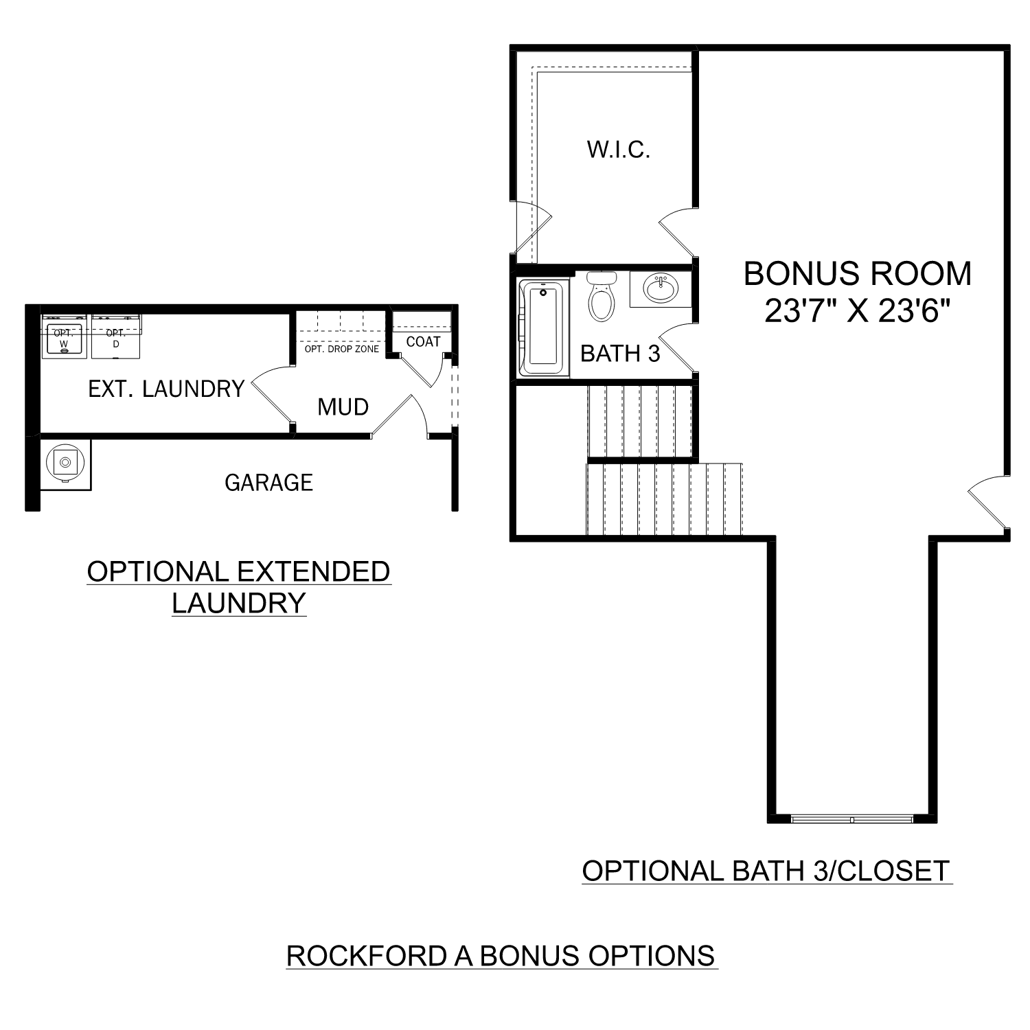 The Rockford second floor plan by Davidson Homes: 23x23 bonus room, Bath 3 with tub and shower, optional extended laundry and closet