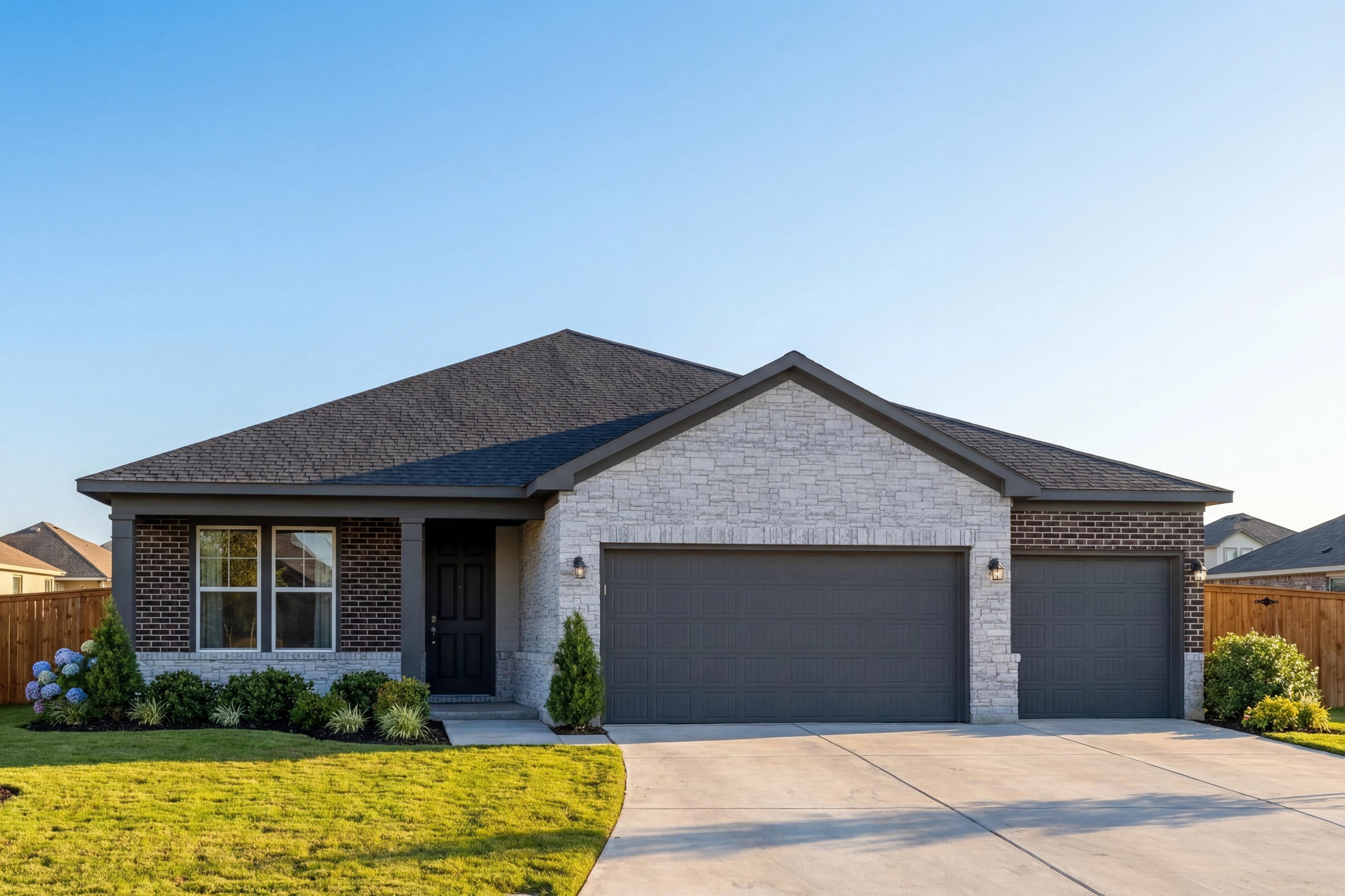 Modern single-story Lanier home by Davidson Homes with brick and stone facade, 3-car garage, landscaped yard in Castroville Texas