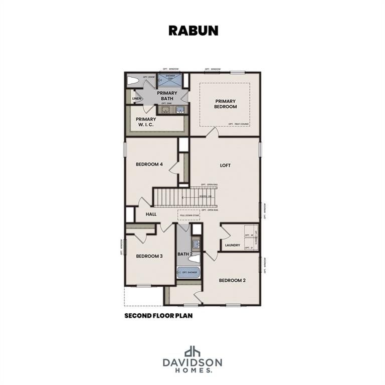 Second floor plan of The Rabun C by Davidson Homes: primary suite, bedrooms 2-4, loft, baths in 3-bed Canton, GA home