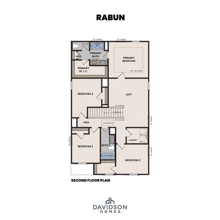 Second floor plan of Rabun B by Davidson Homes: primary suite, 3 bedrooms, loft, baths, laundry in Canton, GA