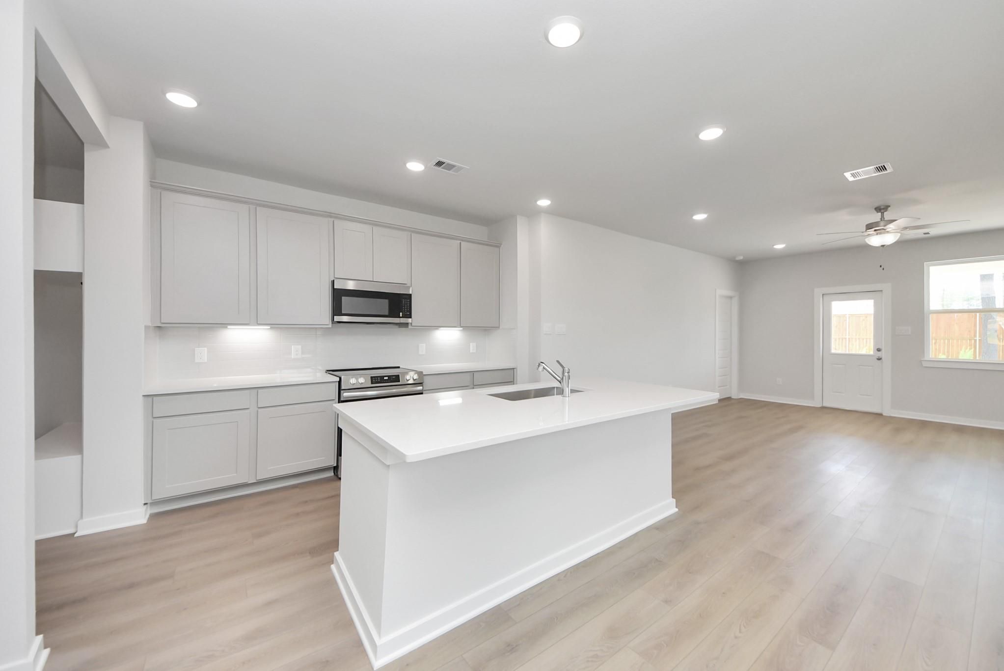 Modern kitchen with white island, cabinets, and stainless appliances in The Blanco F floor plan at Spring Branch Crossing.