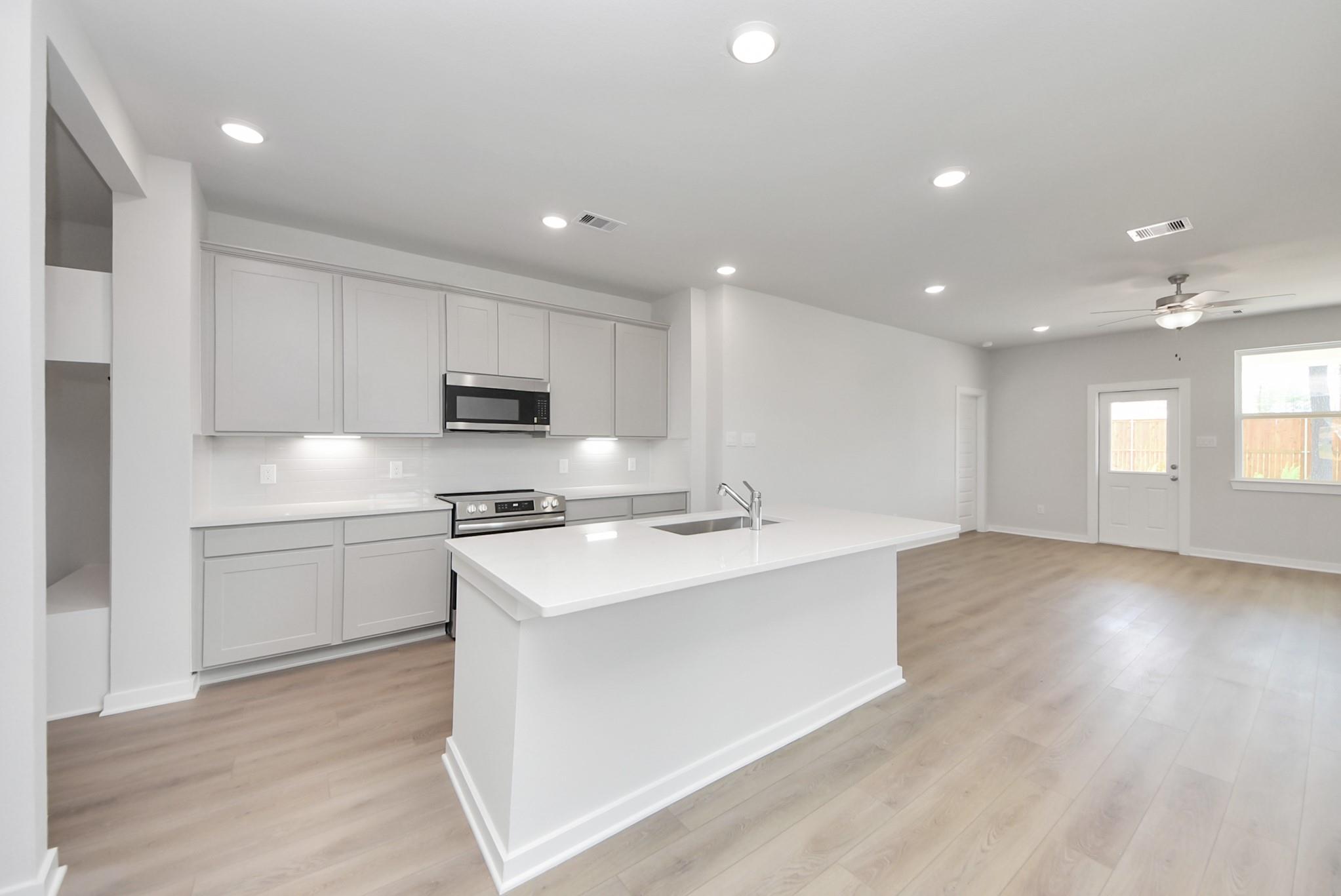 Modern kitchen with white island, cabinets, and stainless appliances in The Blanco F floor plan at Spring Branch Crossing.
