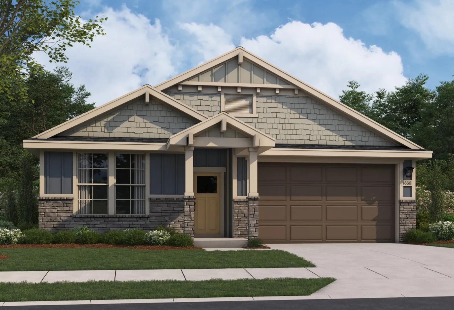 Craftsman-style elevation of The Aurora B single-story home featuring stone accents, shake shingles, two-car garage, and front porch landscaping