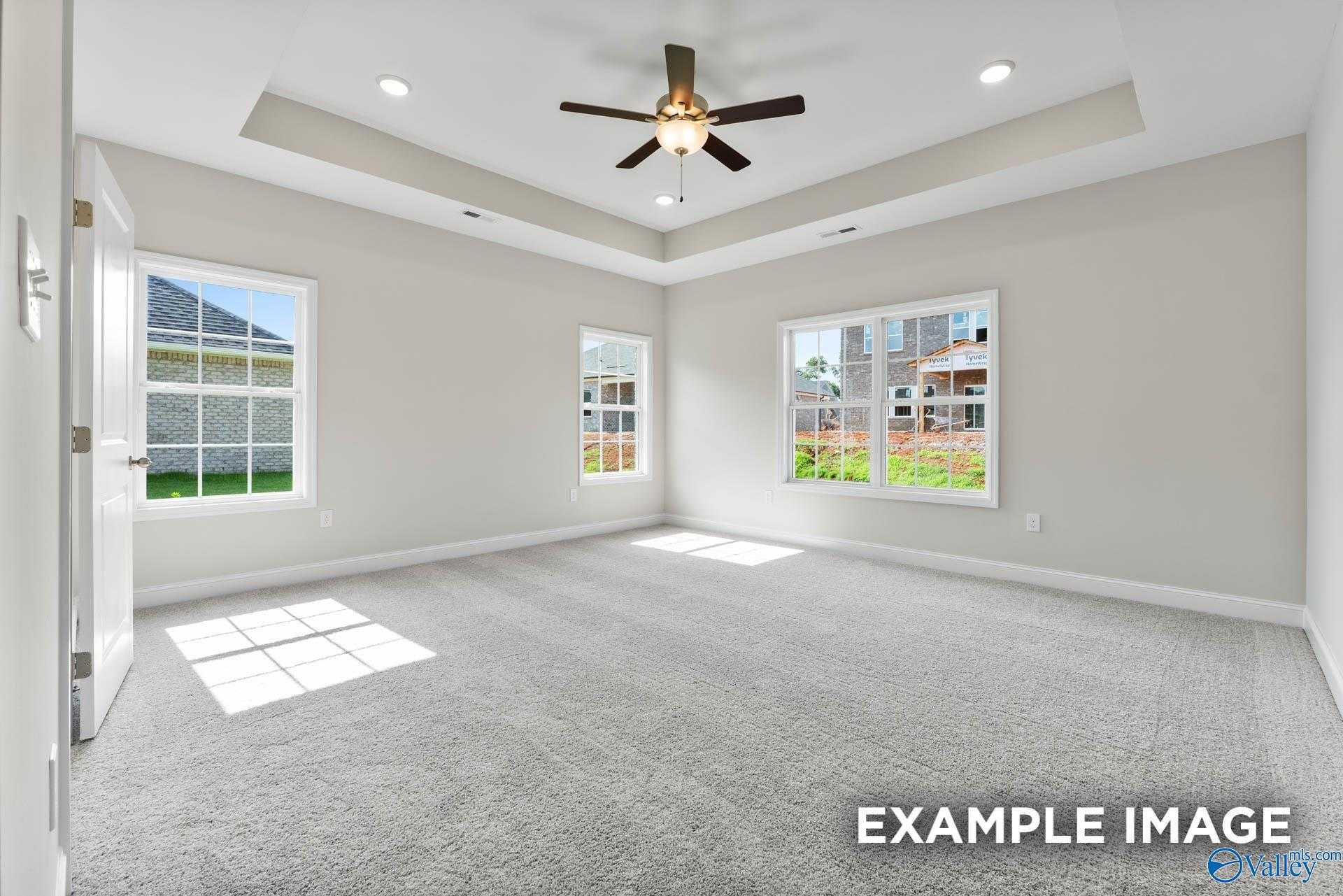 Bright living room with tray ceiling, ceiling fan, large windows, and gray carpet in Davidson Homes The Finleigh, Meridianville, Alabama