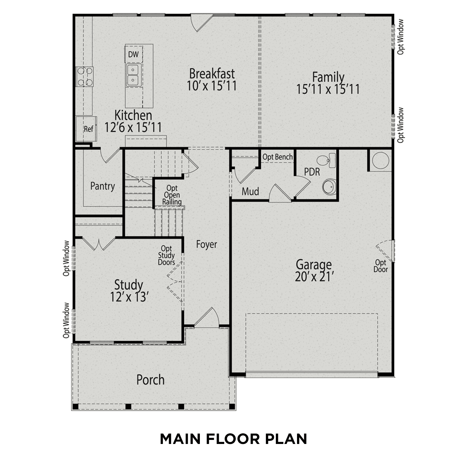 Main floor plan of The Hemlock D showcasing open kitchen, family room, study, two-car garage, and covered porch