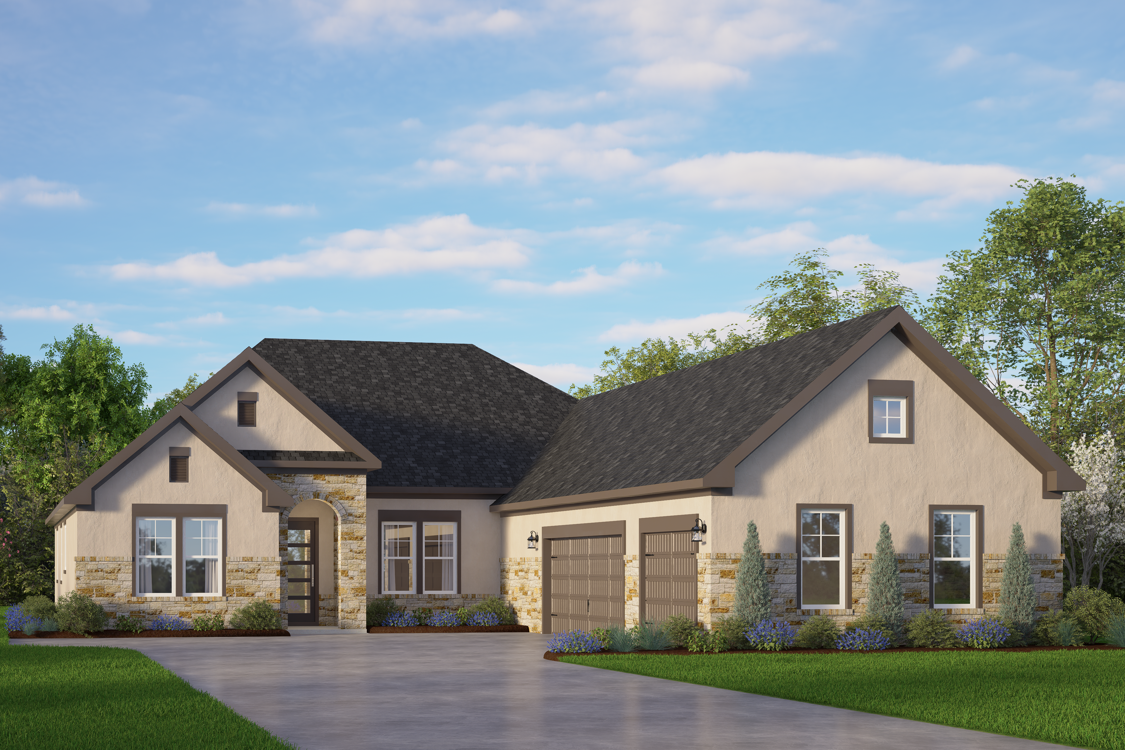 Oxford H 4-bedroom single-story home elevation with stone accents, beige siding, 3-car garage, and landscaped yard