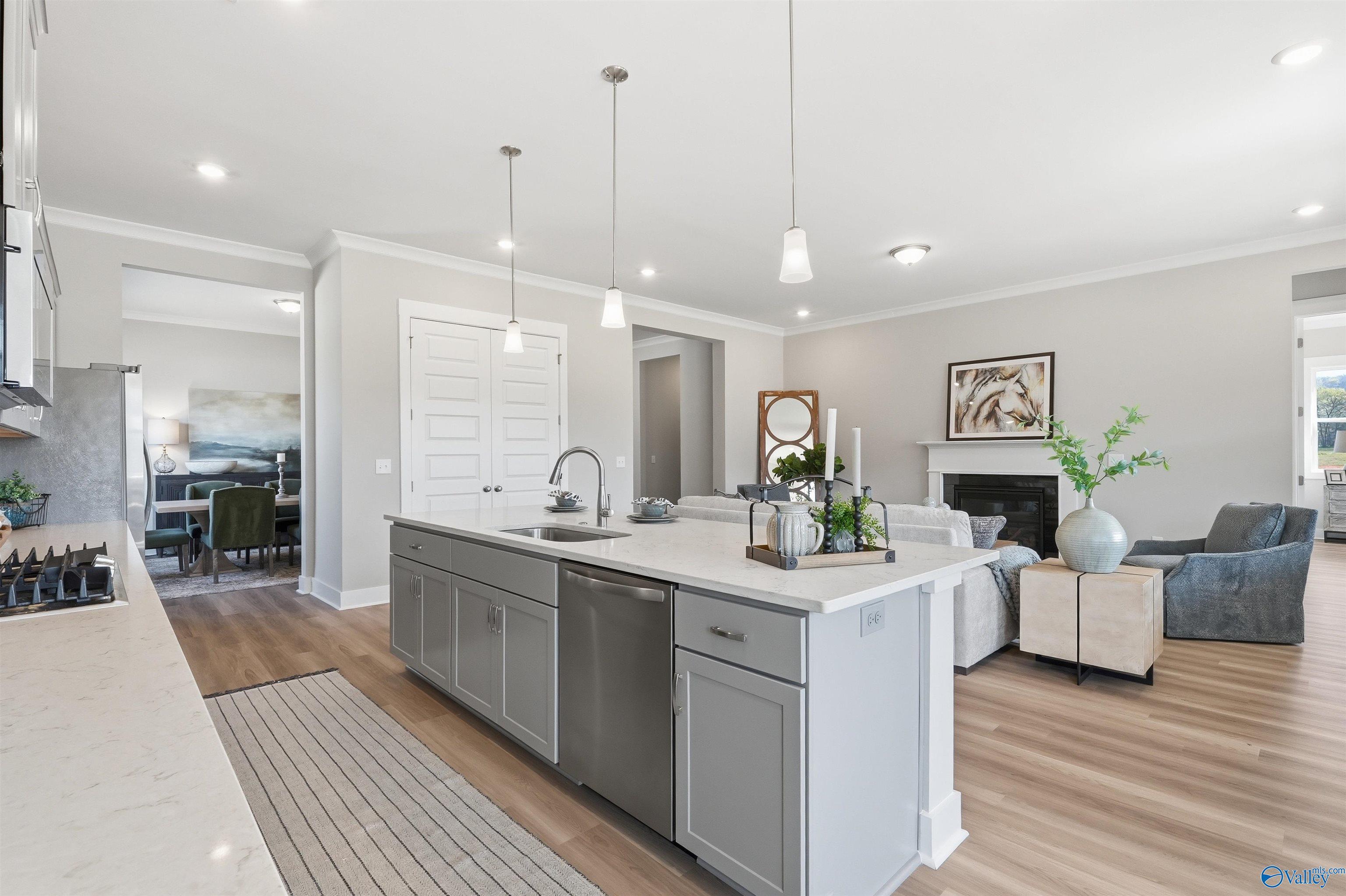 Open-concept kitchen-living area with quartz island, stainless appliances, and gray sofa in Evermore Homes The Oxford B, Owens Cross Roads, AL
