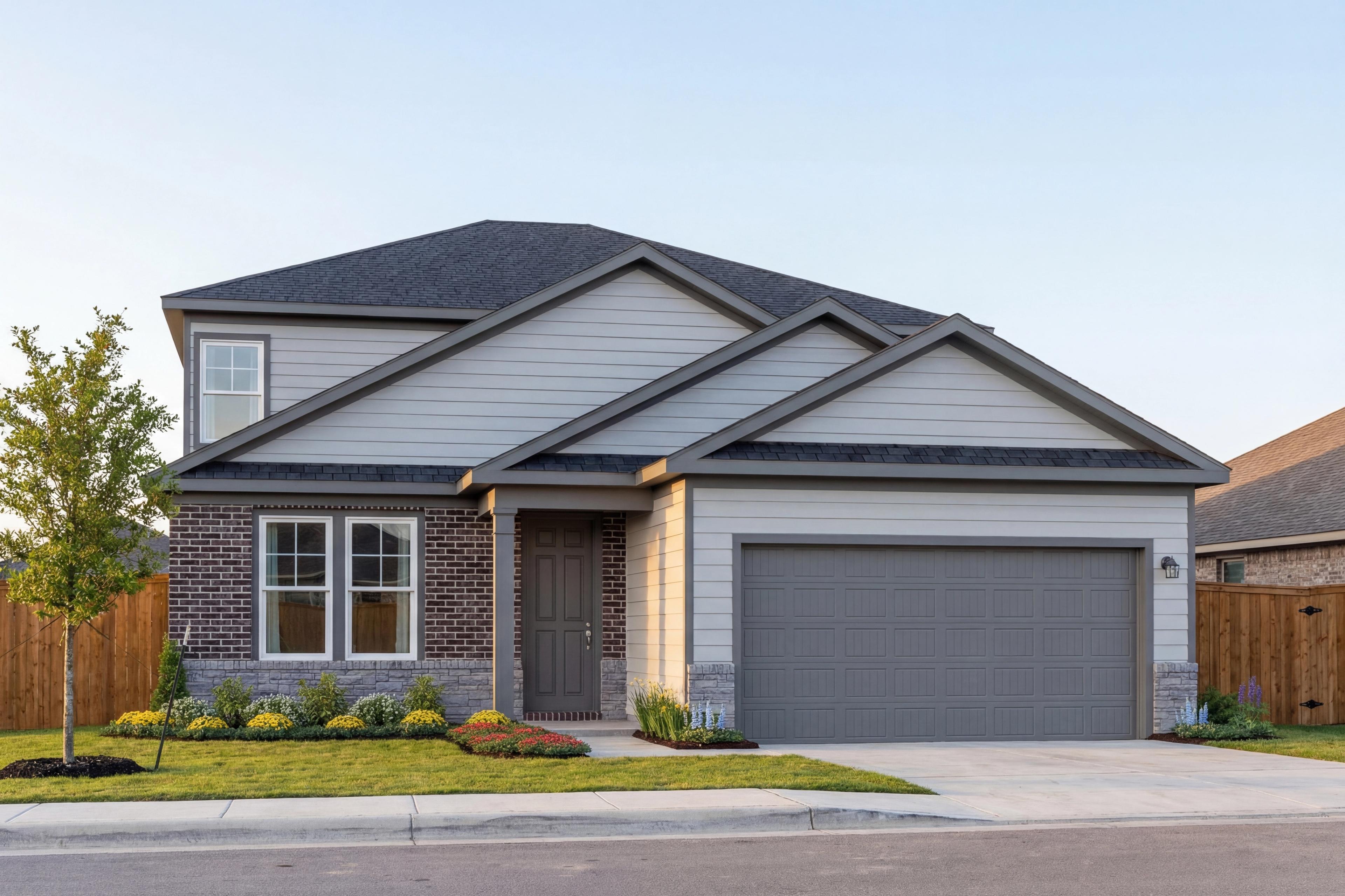 Modern two-story The Douglas D home elevation with gray siding, brick details, two-car garage, and landscaped front yard in San Antonio
