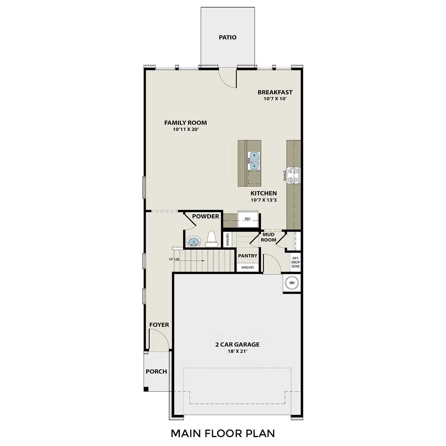 Main floor plan of Wake D 3-bedroom home: open kitchen, family room, breakfast nook, 2-car garage in Lake Park Villas, Wylie, Texas