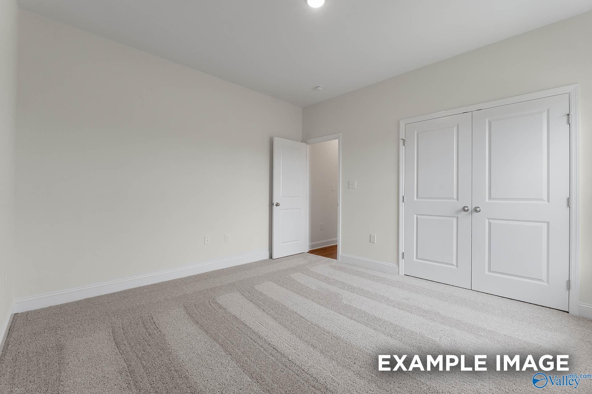 Bright secondary bedroom with neutral carpet, walk-in closet doors, and adjacent bath entry in Davidson Homes The Emory, Toney, AL