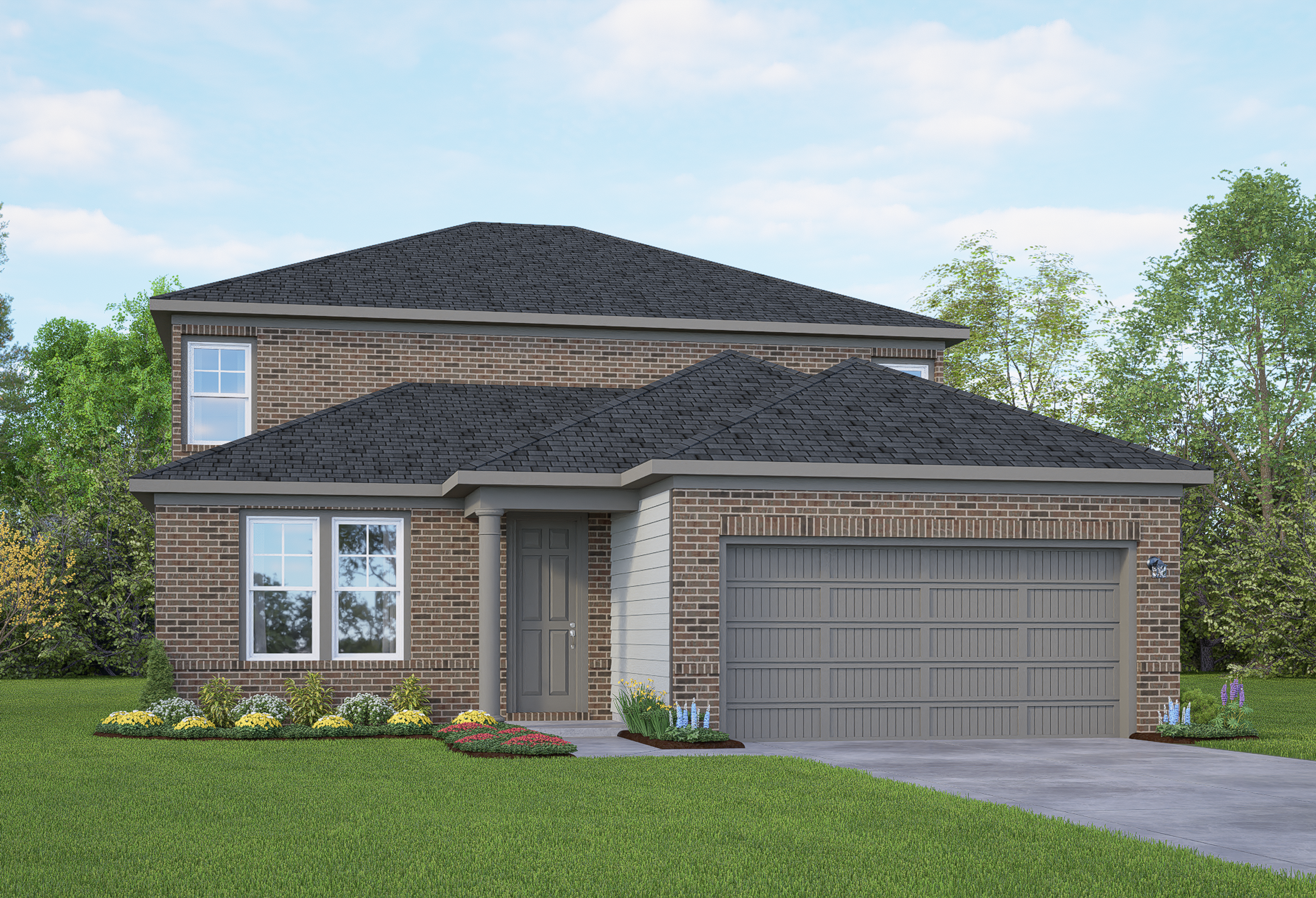 Modern two-story brick home The Douglas E with 2-car garage, front porch, and lush landscaped yard in San Antonio
