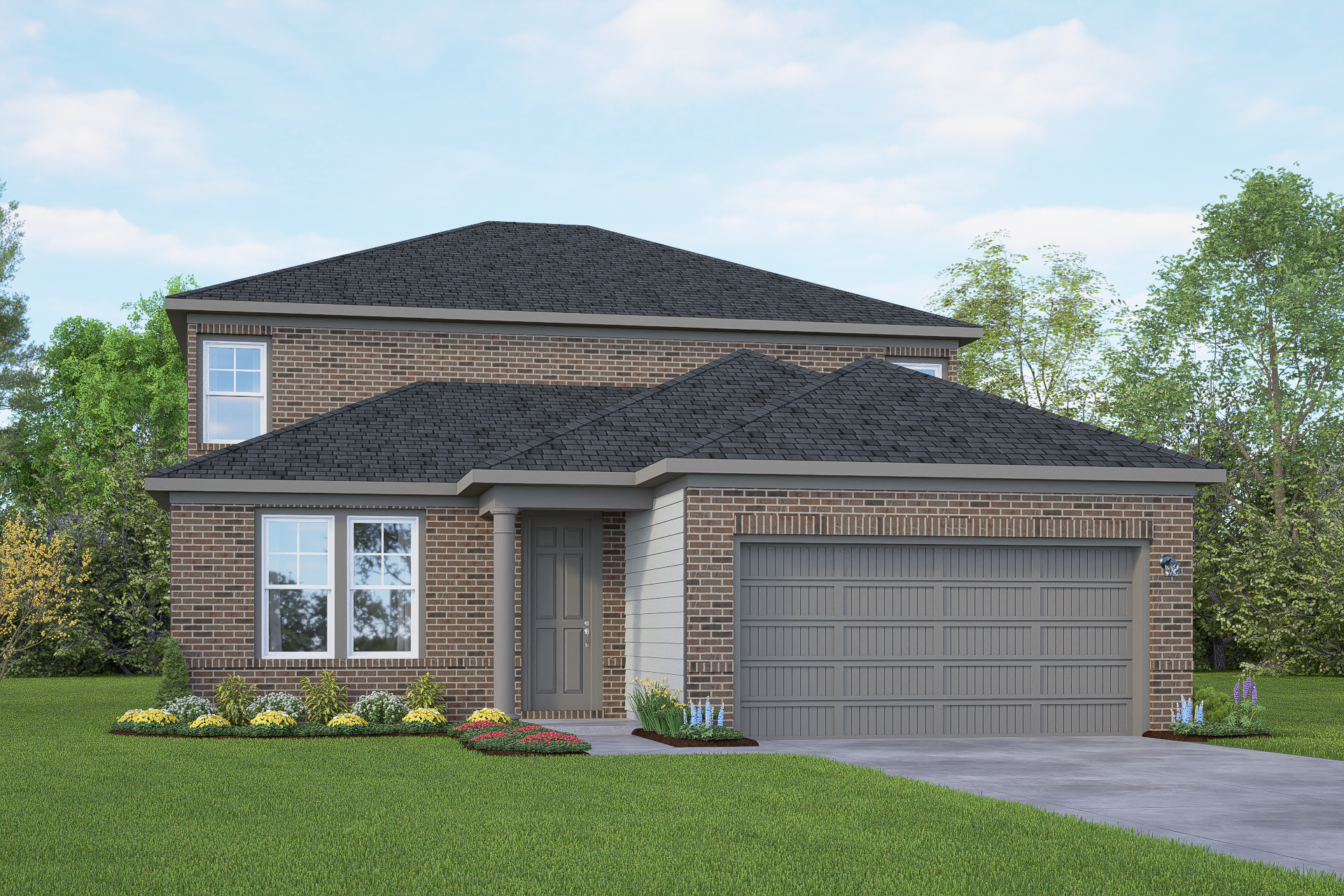 Modern two-story brick home The Douglas E with 2-car garage, front porch, and lush landscaped yard in San Antonio