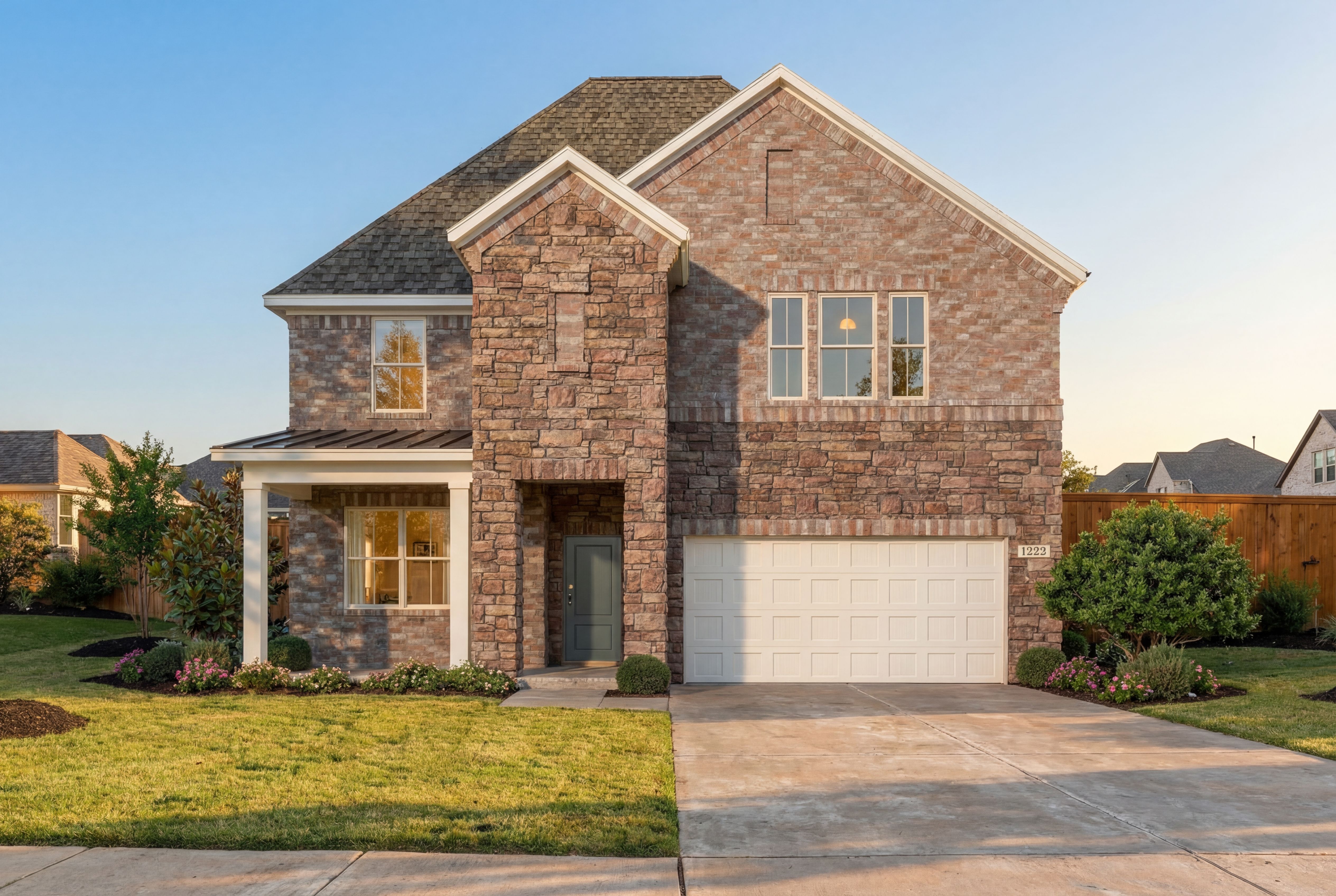 Sequoia O two-story brick home by Davidson Homes with stone accents, covered porch, two-car garage, and landscaped yard in Royse City