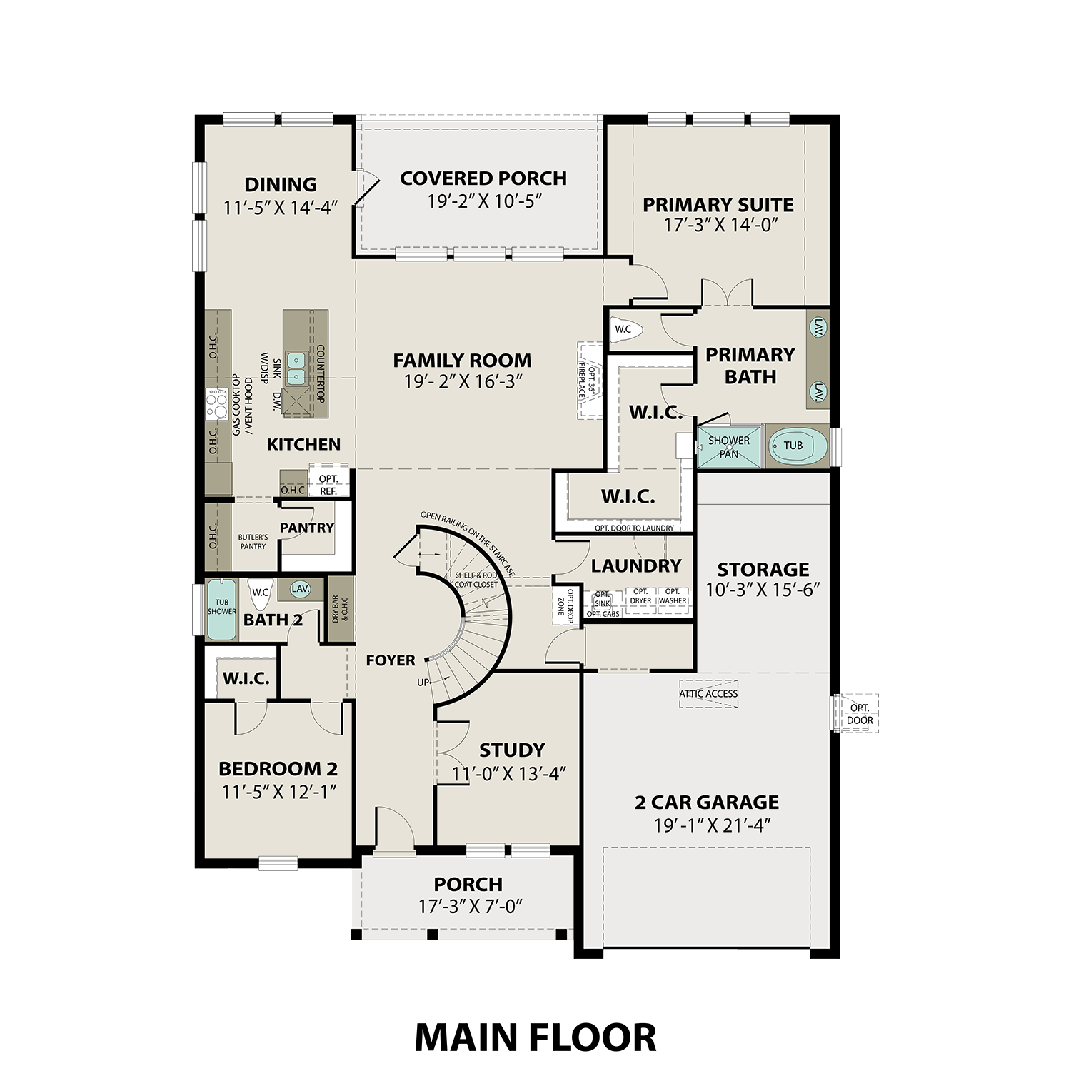 Spacious first floor plan of The Victoria B showcasing open kitchen, family room, primary suite, and 3-car garage in Rosharon TX