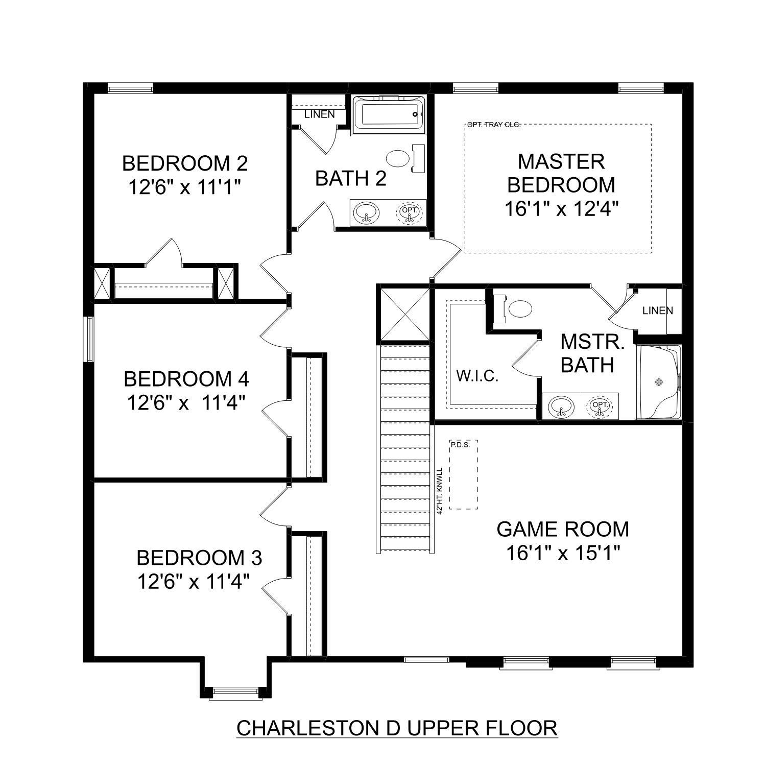 Second floor layout of The Charleston home plan with master suite, three bedrooms, game room, and baths