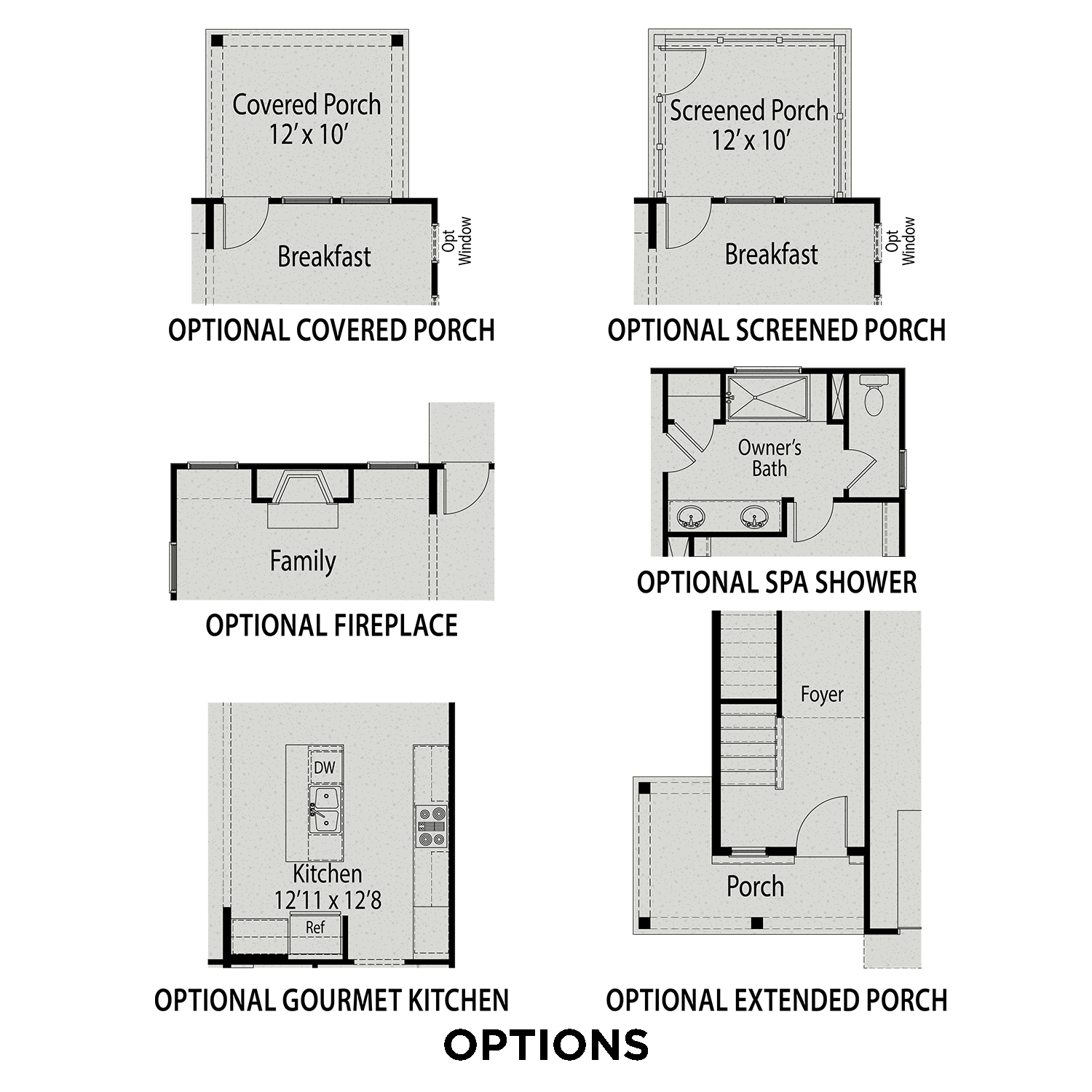 The Gavin B floor plan options by Davidson Homes: covered/screened porches, gourmet kitchen, family room fireplace, owner's spa bath
