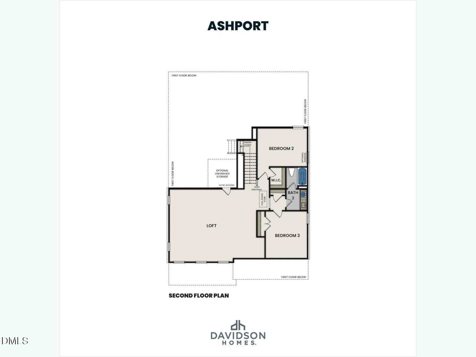 Second floor plan of The Ashport L by Davidson Homes: two bedrooms, loft, baths, and stairs in 4-bed Wake Forest, NC home