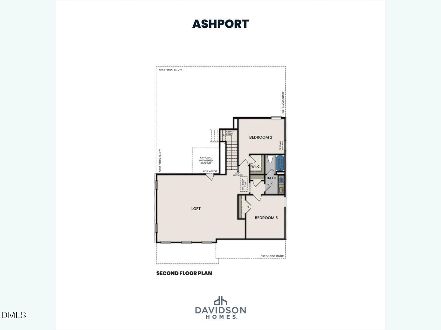 Second floor plan of The Ashport L by Davidson Homes: two bedrooms, loft, baths, and stairs in 4-bed Wake Forest, NC home