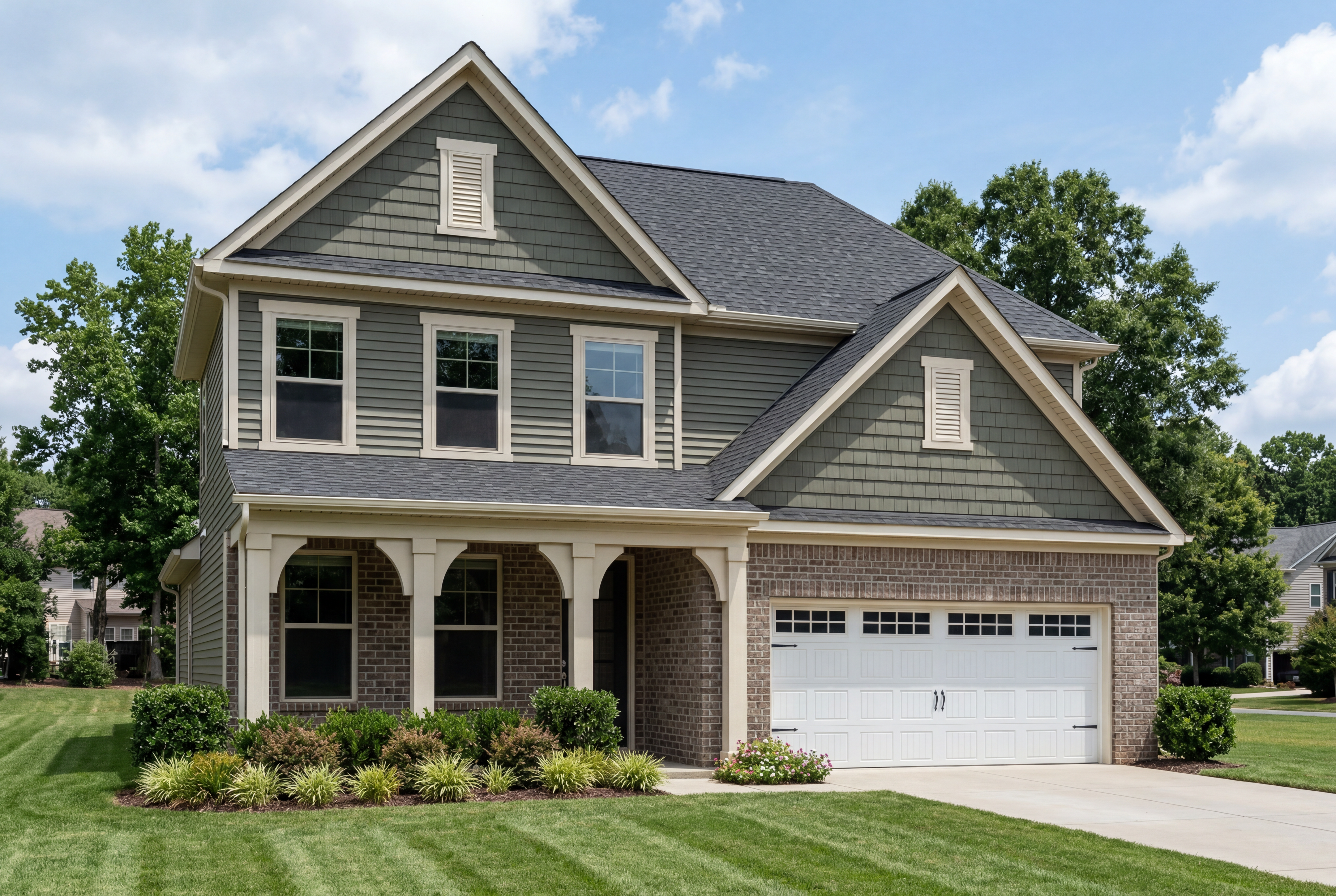 Two-story Ashport LA home elevation with gray vinyl siding, brick accents, gabled roof, covered porch, and two-car garage amid lush landscaping
