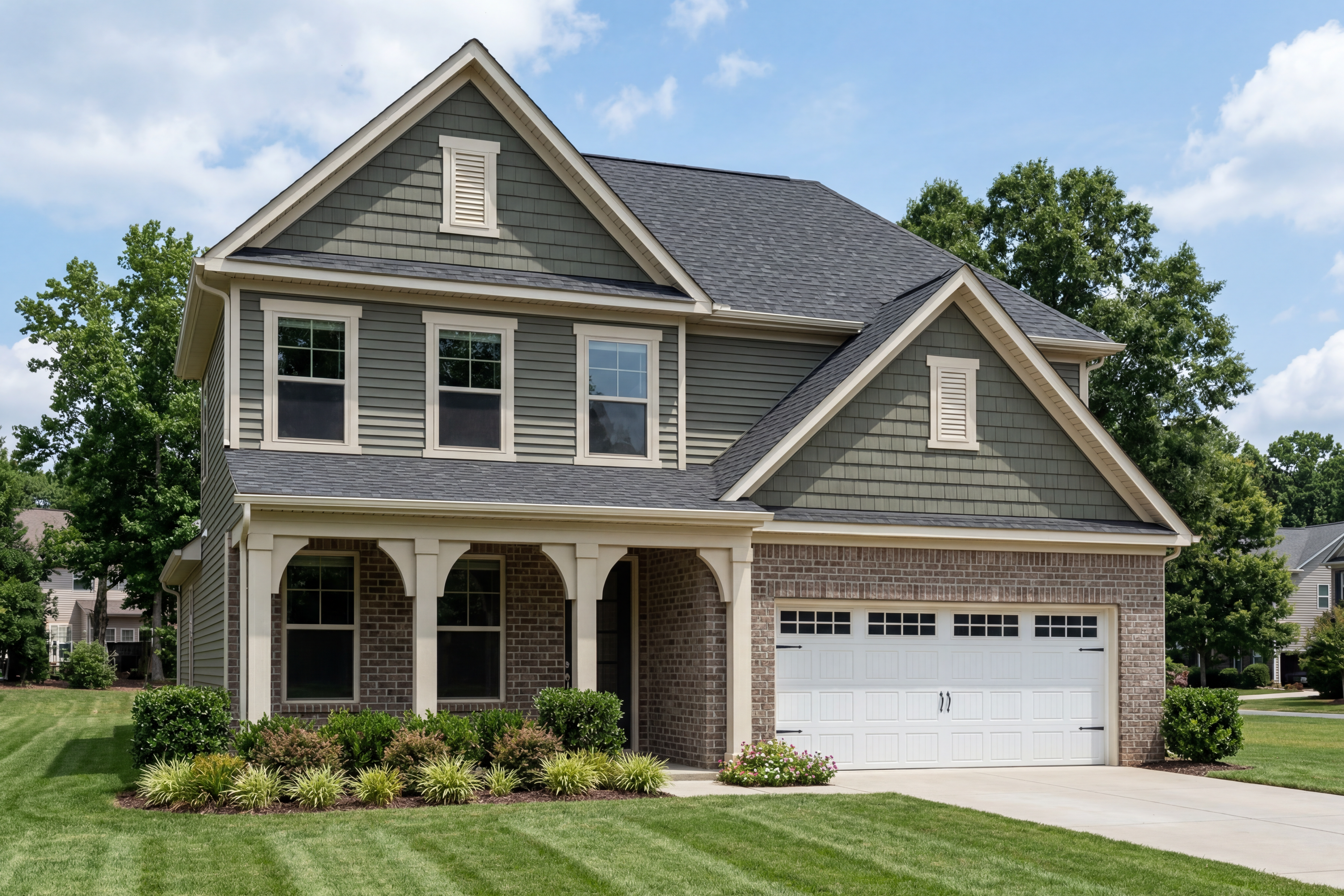Two-story Ashport LA home elevation with gray vinyl siding, brick accents, gabled roof, covered porch, and two-car garage amid lush landscaping