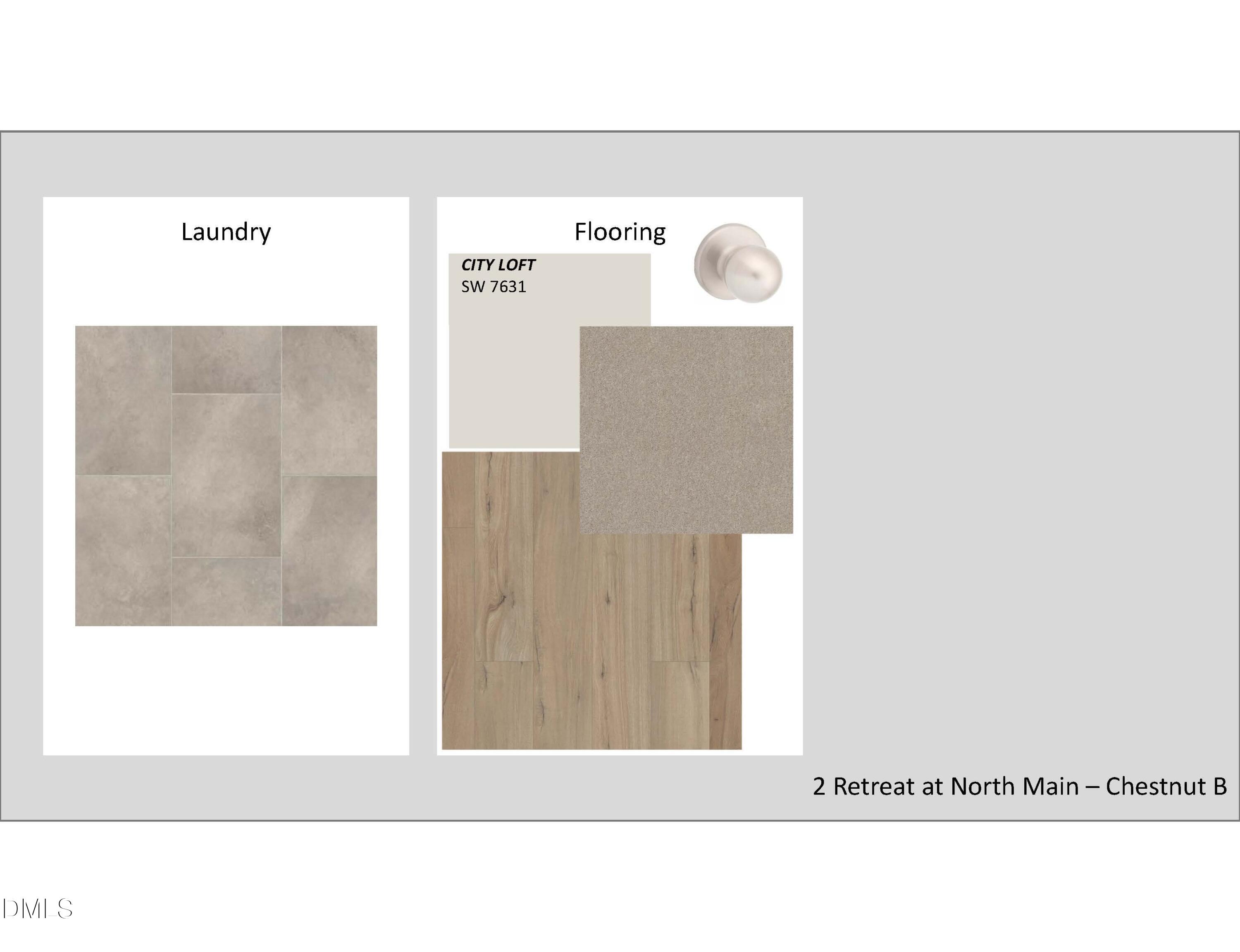 Beige tile laundry flooring and hardwood with SW 7741 Agreeable Gray swatches in Chestnut B home, Retreat at North Main, Lillington, NC