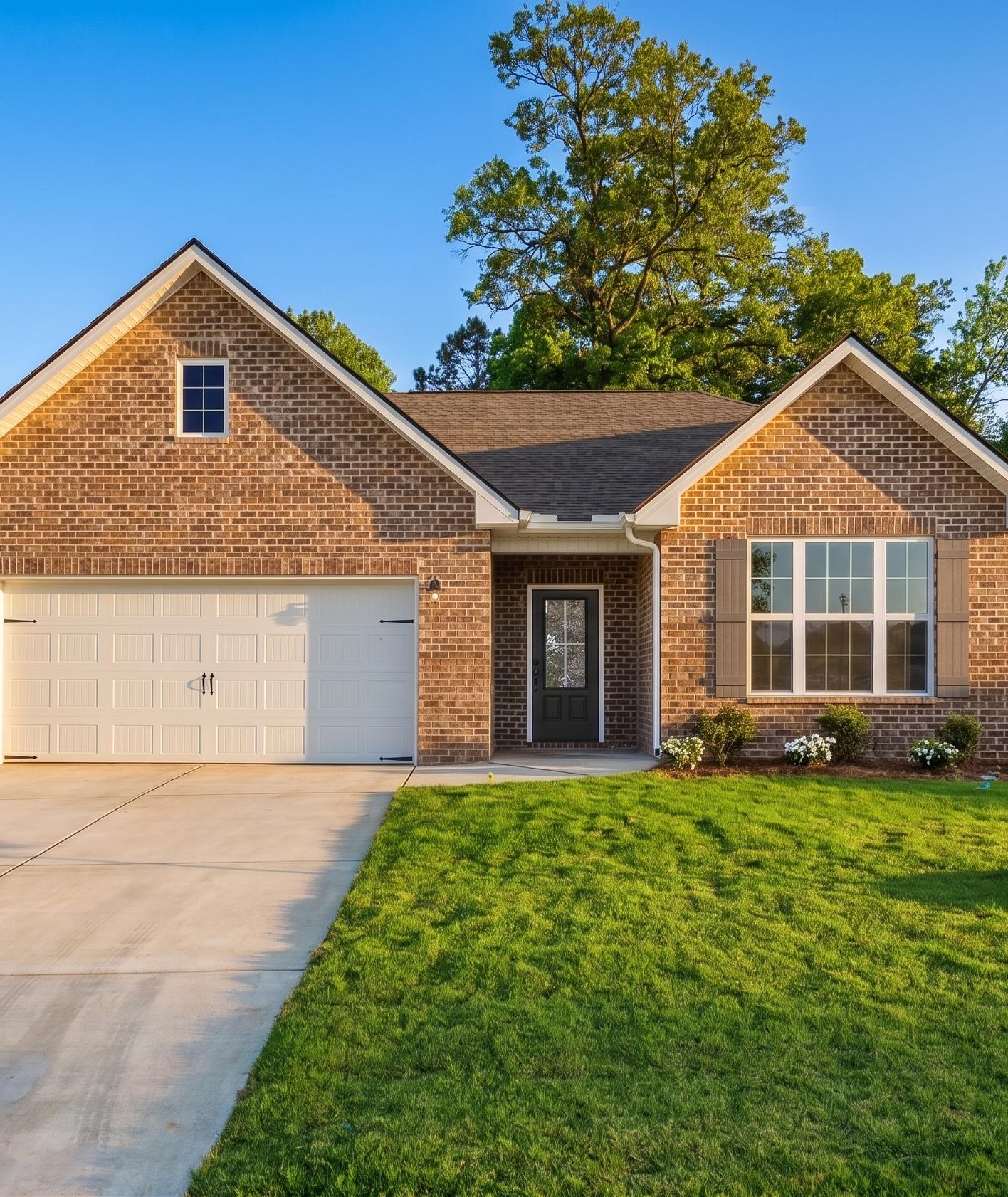Aerial view of new homes under construction at Flint Meadows in New Market, Alabama by Davidson Homes with pond and wooded hills