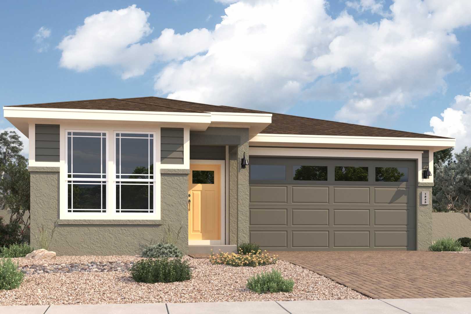 Modern Nantucket A single-story home elevation featuring gray siding, 2-car garage, and desert landscaping in Prescott, AZ
