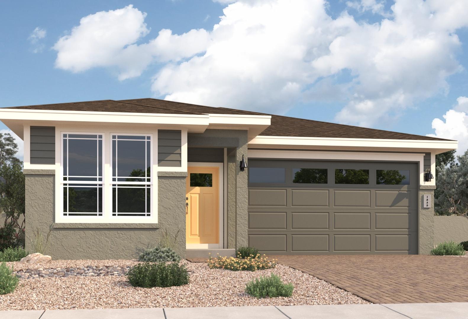 Modern Nantucket A single-story home elevation featuring gray siding, 2-car garage, and desert landscaping in Prescott, AZ