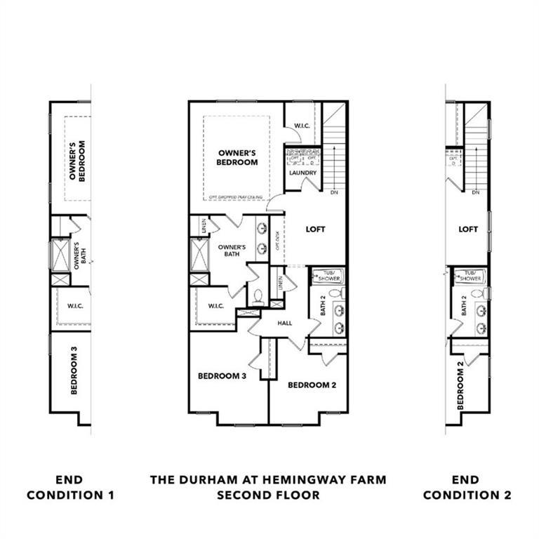 Detailed 2-story floor plan of The Durham A by Davidson Homes: owner's suite, 3 bedrooms, loft, baths in Hemingway, Cumming, GA