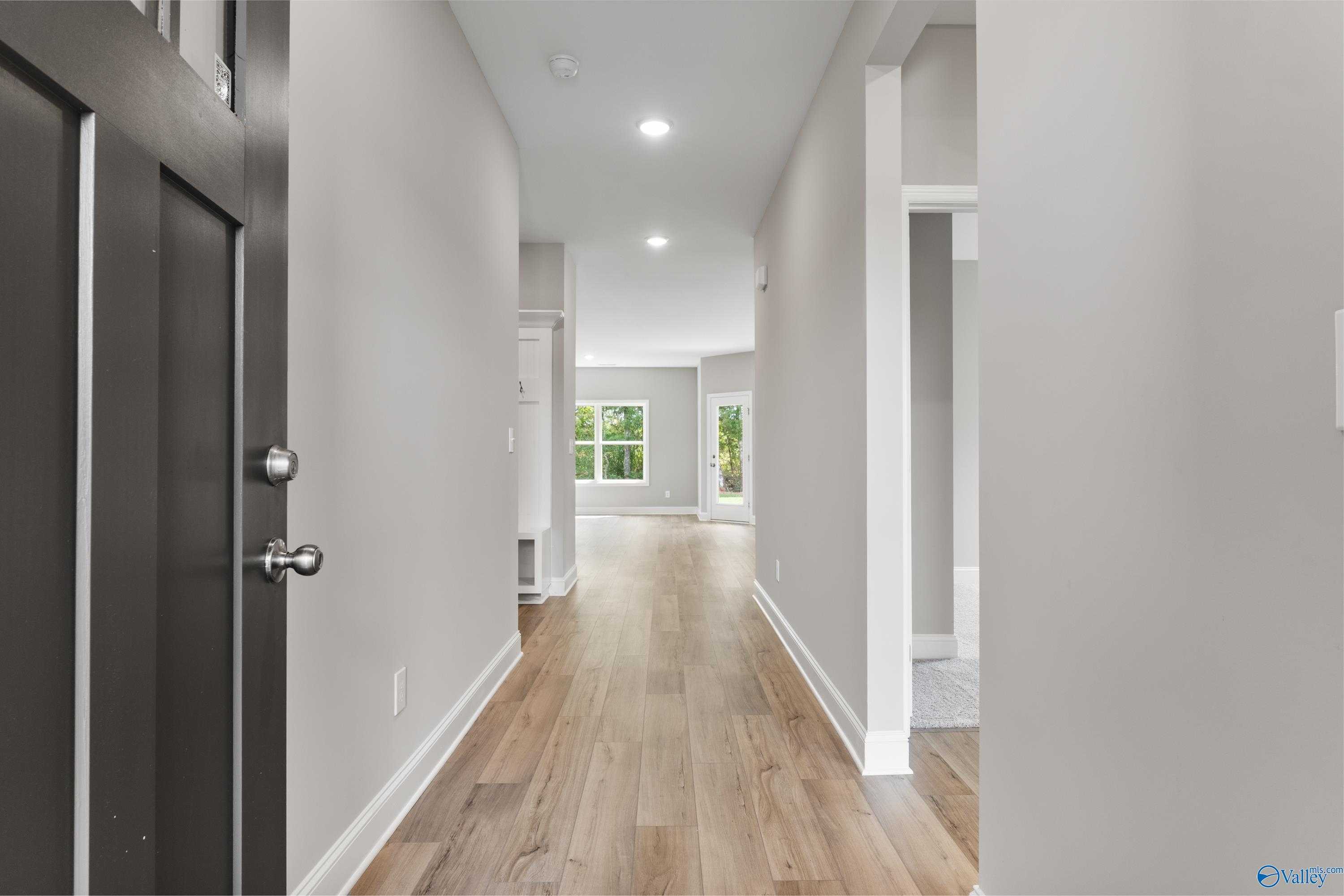 Spacious entry hallway with light gray walls, hardwood floors, and sidelight windows in Davidson Homes The Franklin C, Toney, Alabama