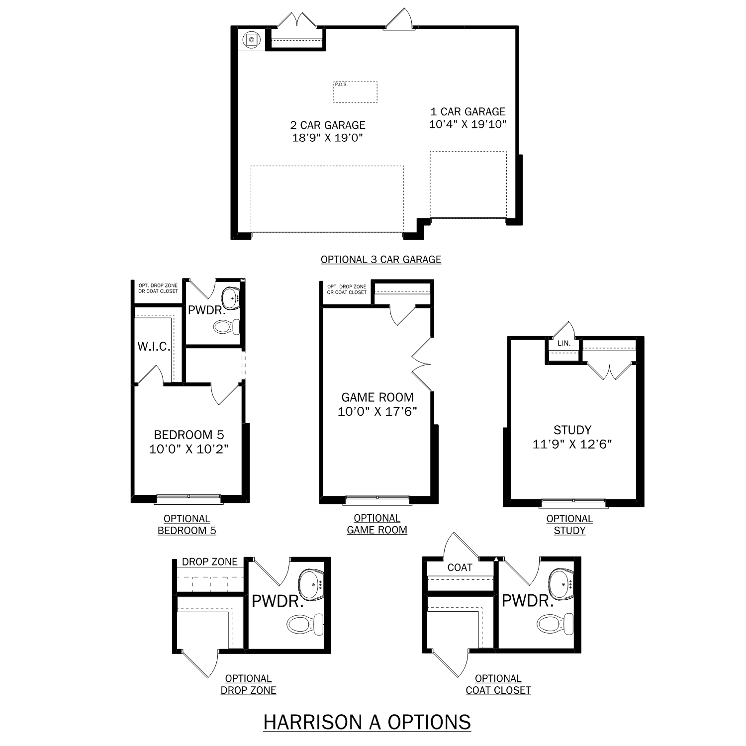 The Harrison floor plan: 2-car garage, optional 3-car, bedroom 5, game room, study, drop zone, master suite layout by Davidson Homes