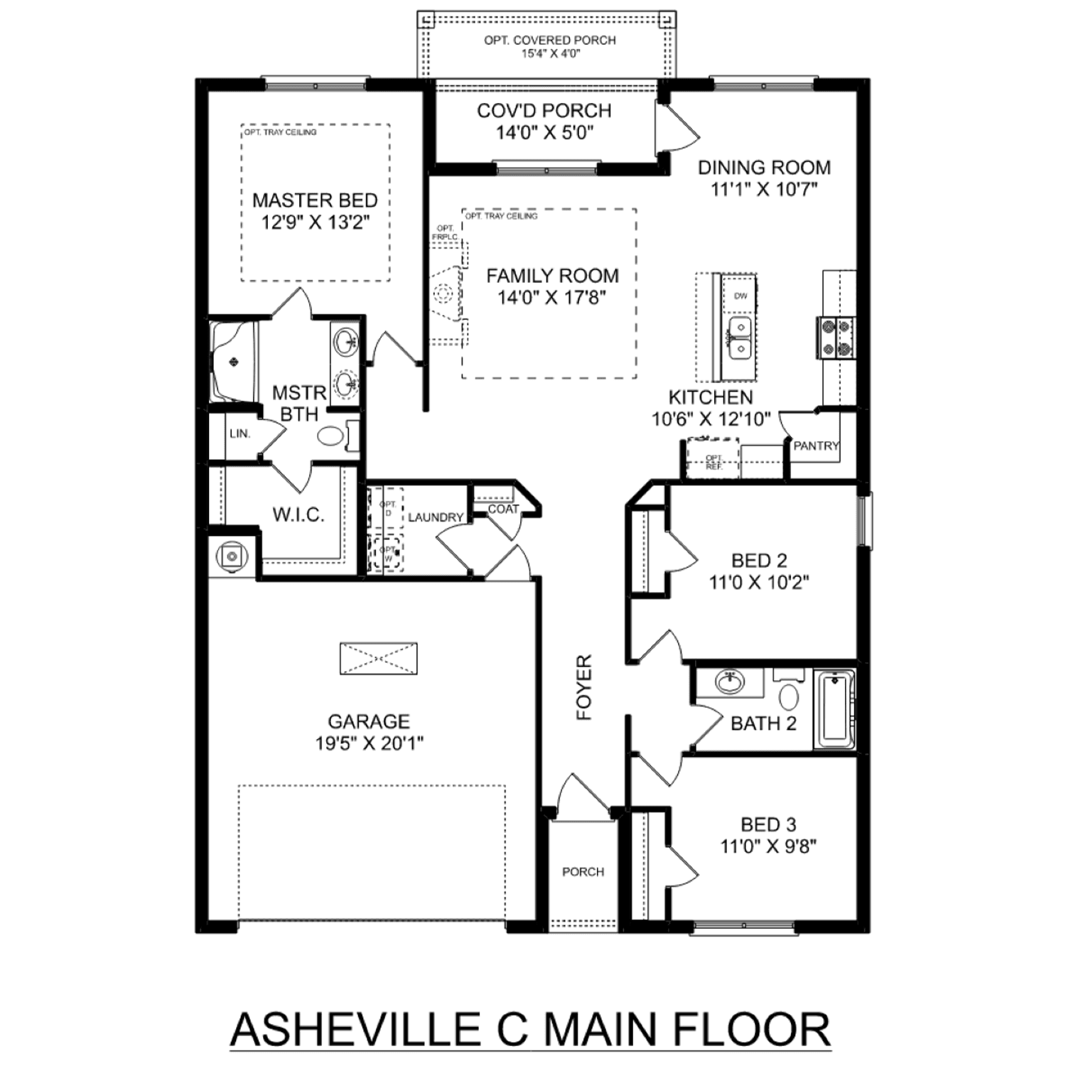 The Asheville 3-bedroom floor plan with master suite, open family room, kitchen, dining, 2-car garage, 1484 sq ft