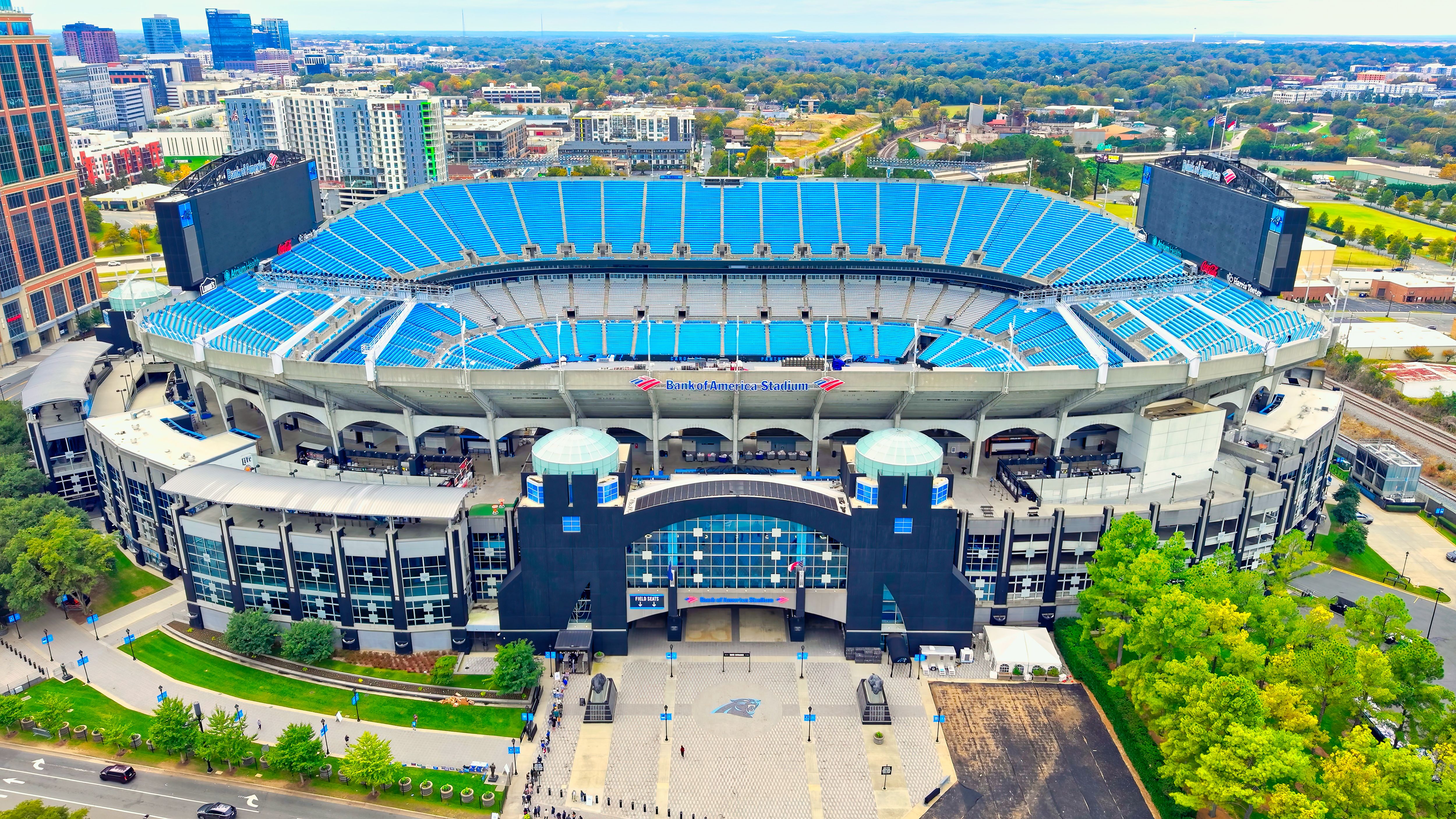 Aerial view of Bank of America Stadium near Long Creek Townhomes by Davidson Homes in Charlotte, North Carolina.