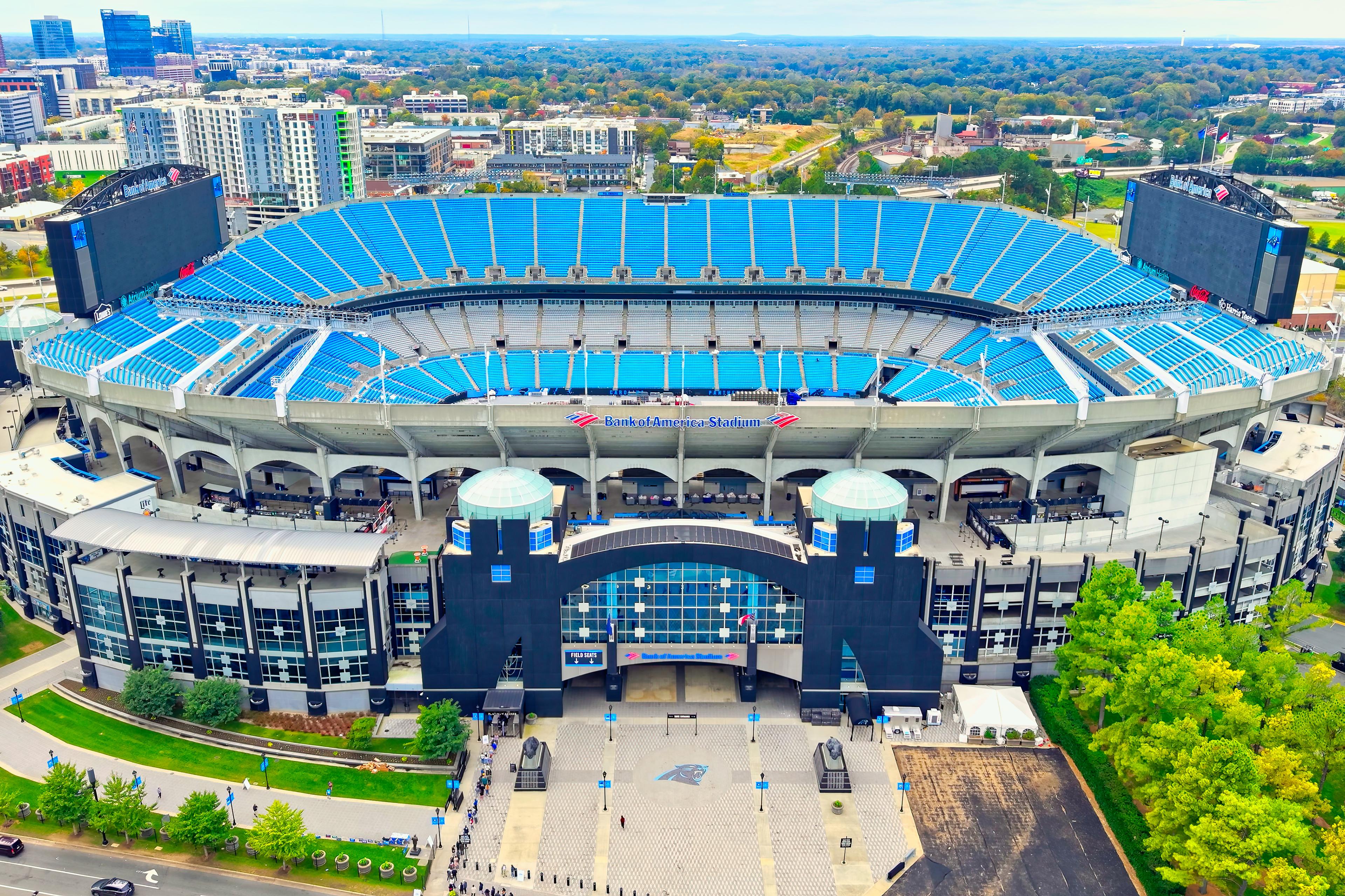Aerial view of Bank of America Stadium near Long Creek Townhomes by Davidson Homes in Charlotte, North Carolina.
