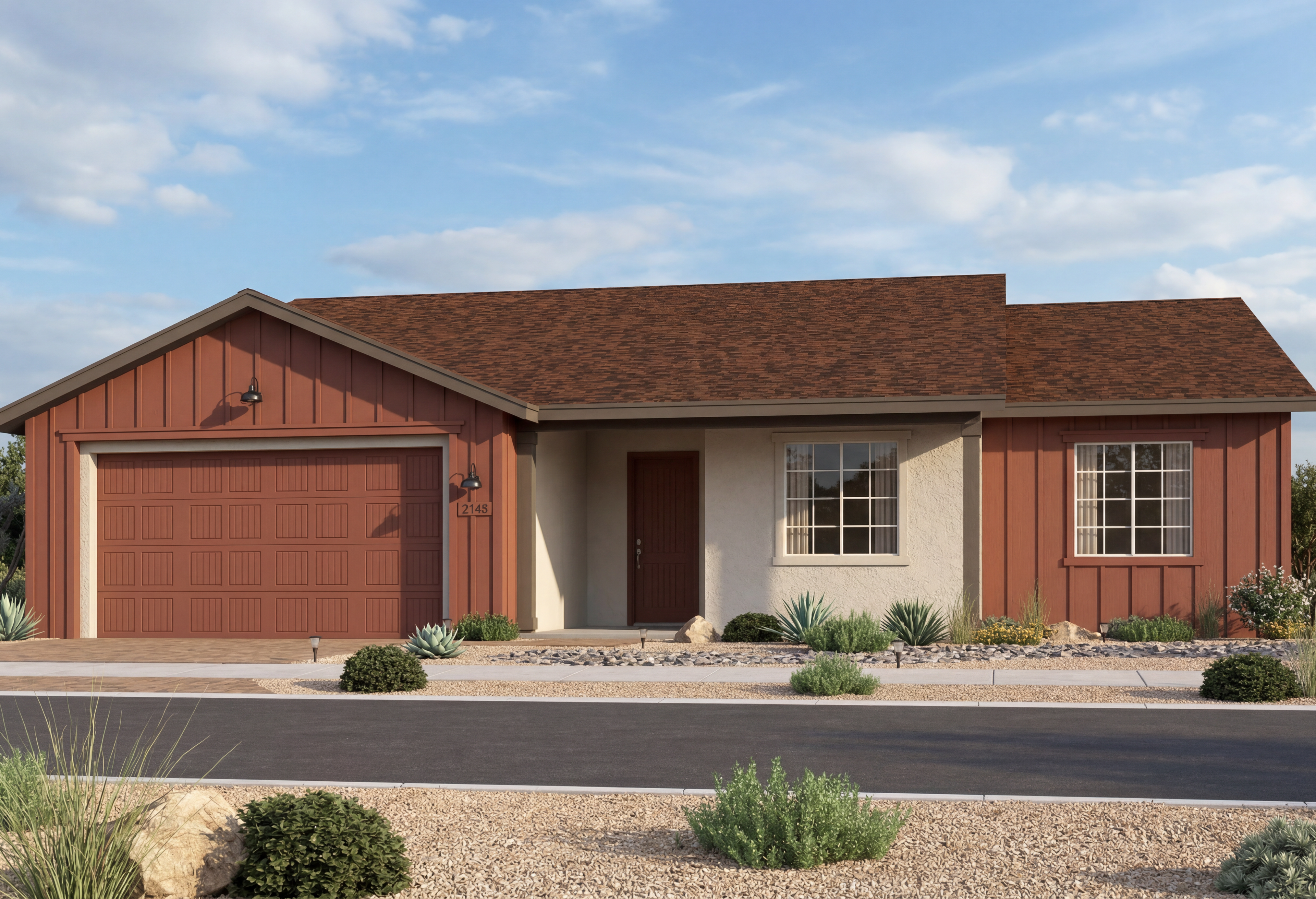 Modern farmhouse exterior of The Summit in Prescott Valley featuring a 3-car garage and desert landscaping.