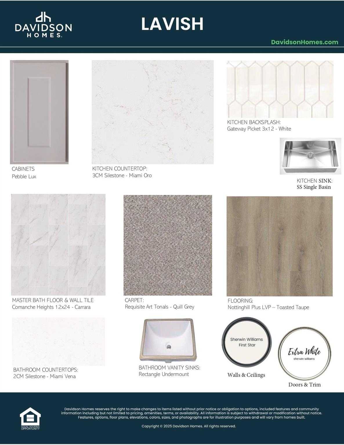 Lavish design palette for Davidson Homes Colorado F: pebble shaker cabinets, Silestone quartz counters, luxury vinyl plank flooring in Conroe, TX