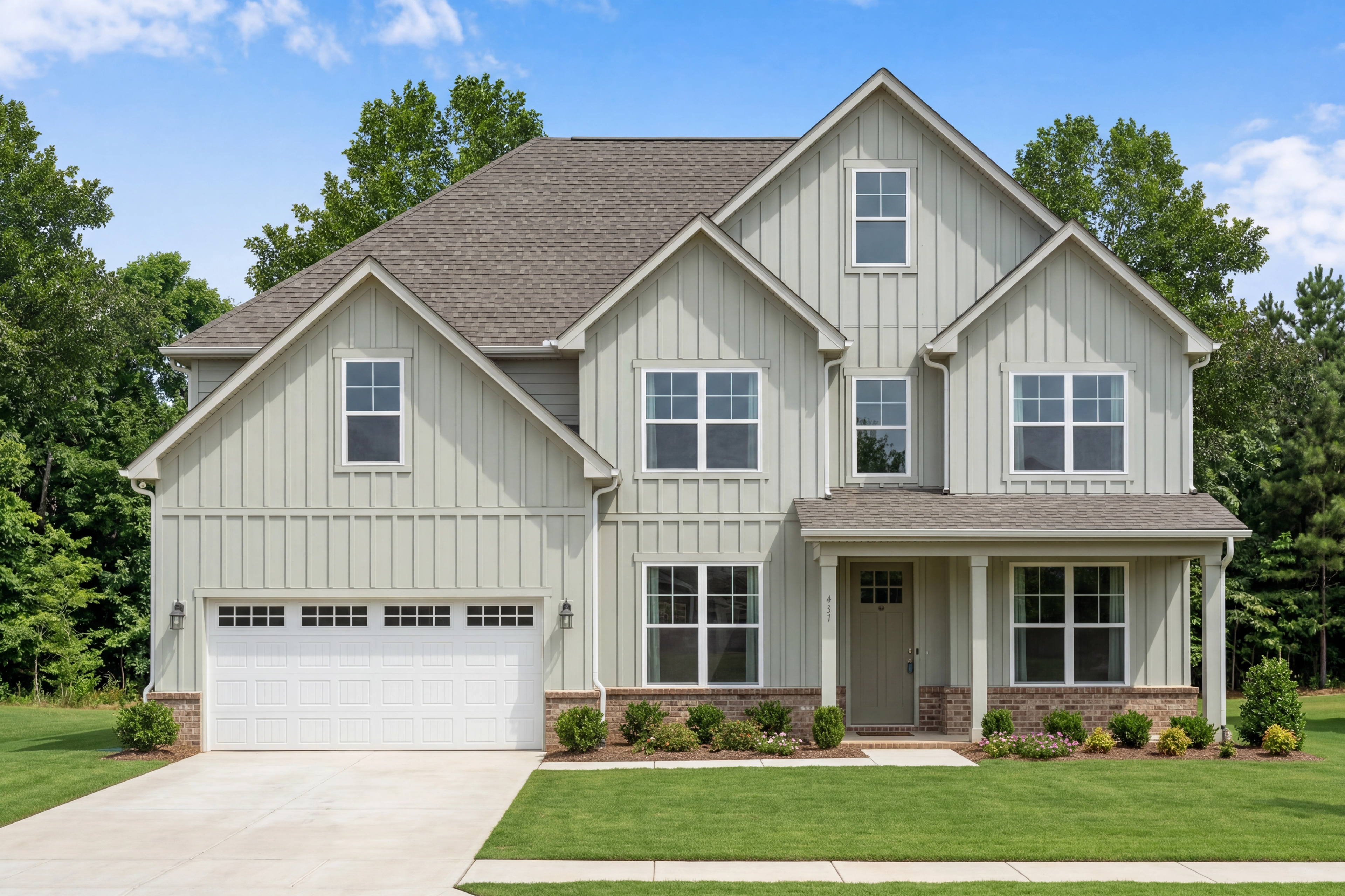 Two-story Madison D home design by Davidson Homes in Cullman, Alabama featuring board and batten siding and 2-car garage.