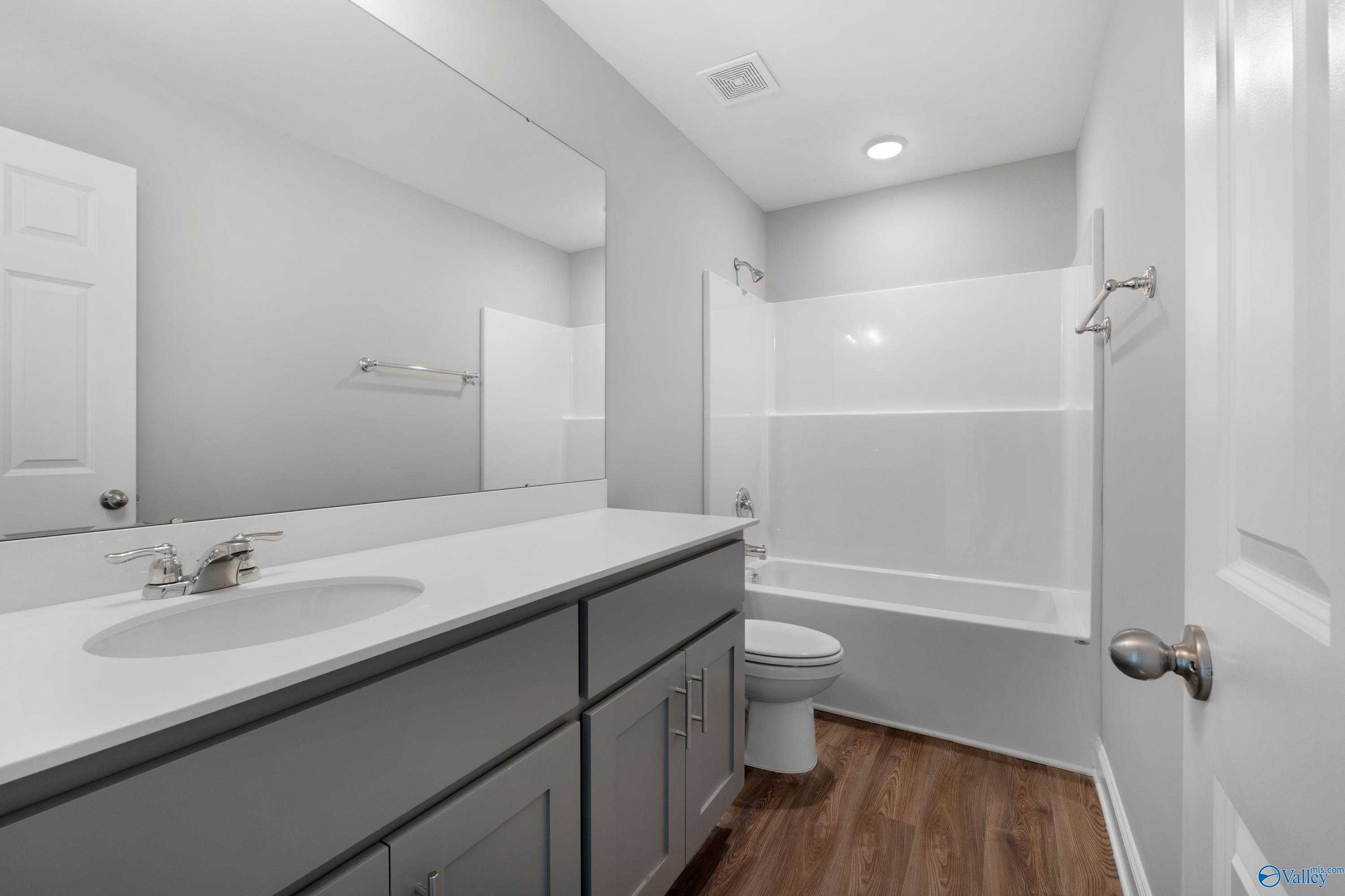 Modern bathroom featuring gray double vanity, white tub-shower combo, and wood-look flooring in Davidson Homes The Aiken, Meridianville, AL