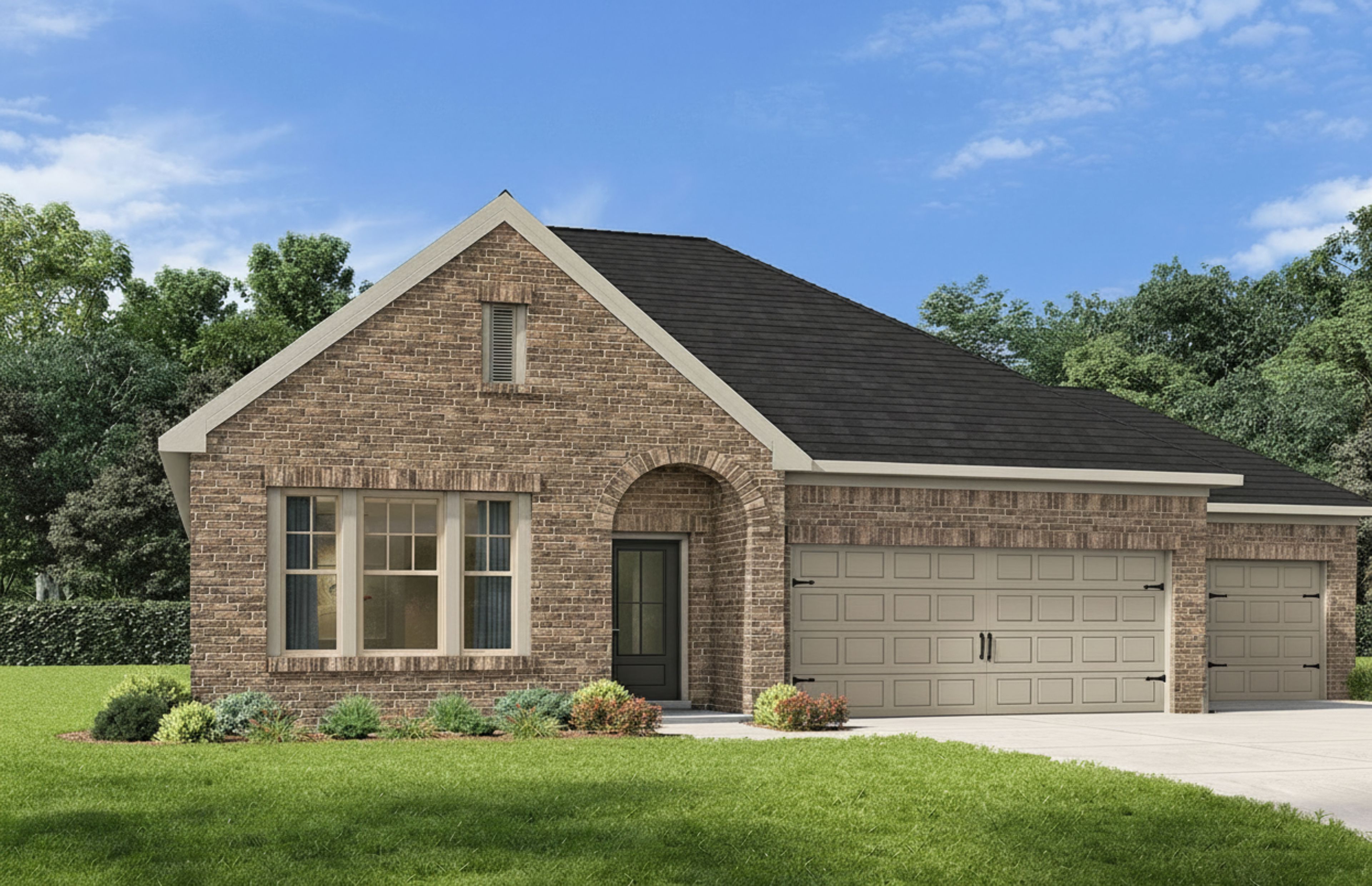 The Laurel O single-family home in Dayton, Texas featuring a brick exterior and convenient 3-car garage.