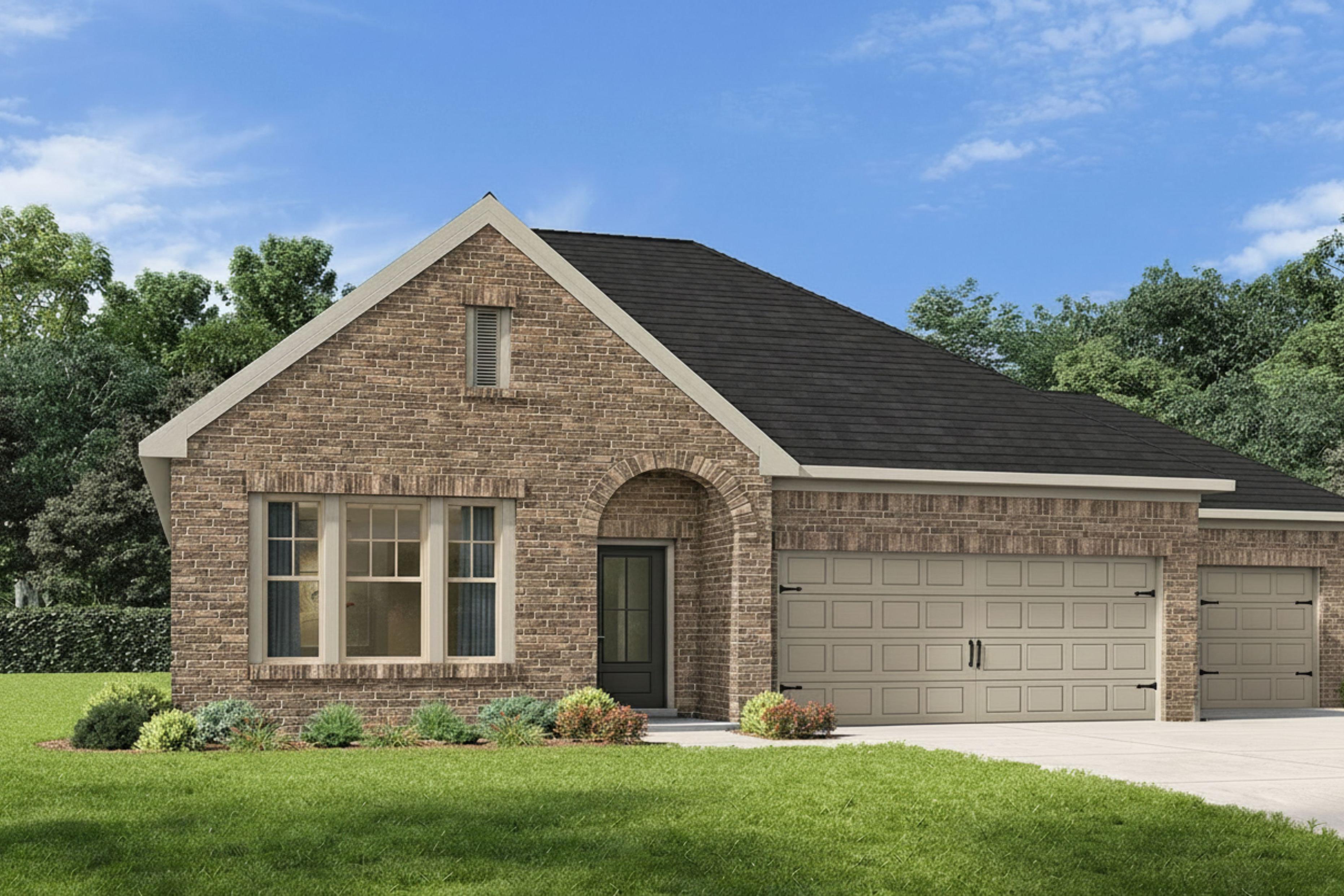 The Laurel O single-family home in Dayton, Texas featuring a brick exterior and convenient 3-car garage.