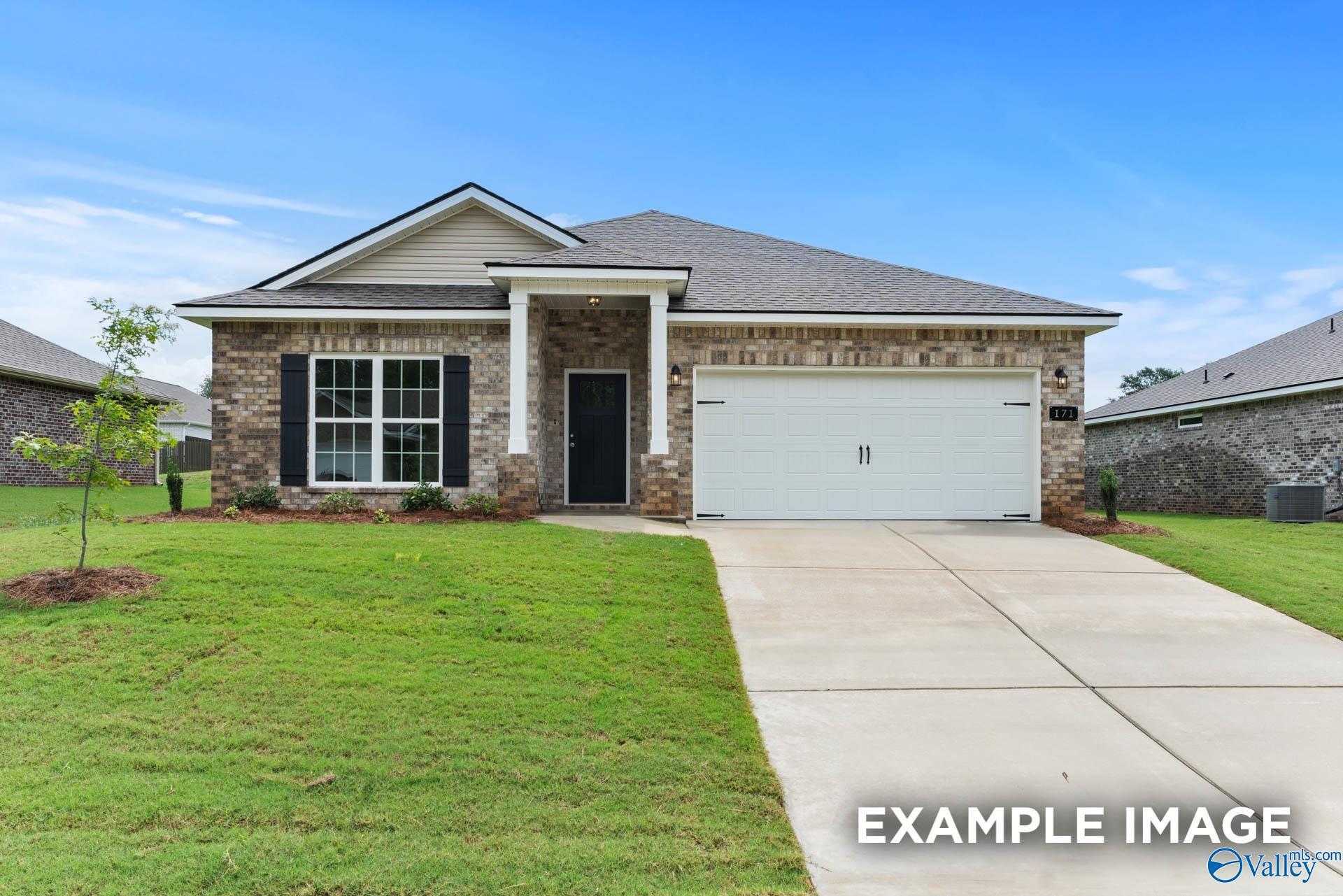 Modern single-story 4-bedroom home with brick accents, 2-car garage, and front porch in Clearview, Hazel Green, Alabama by Davidson Homes The Daphne