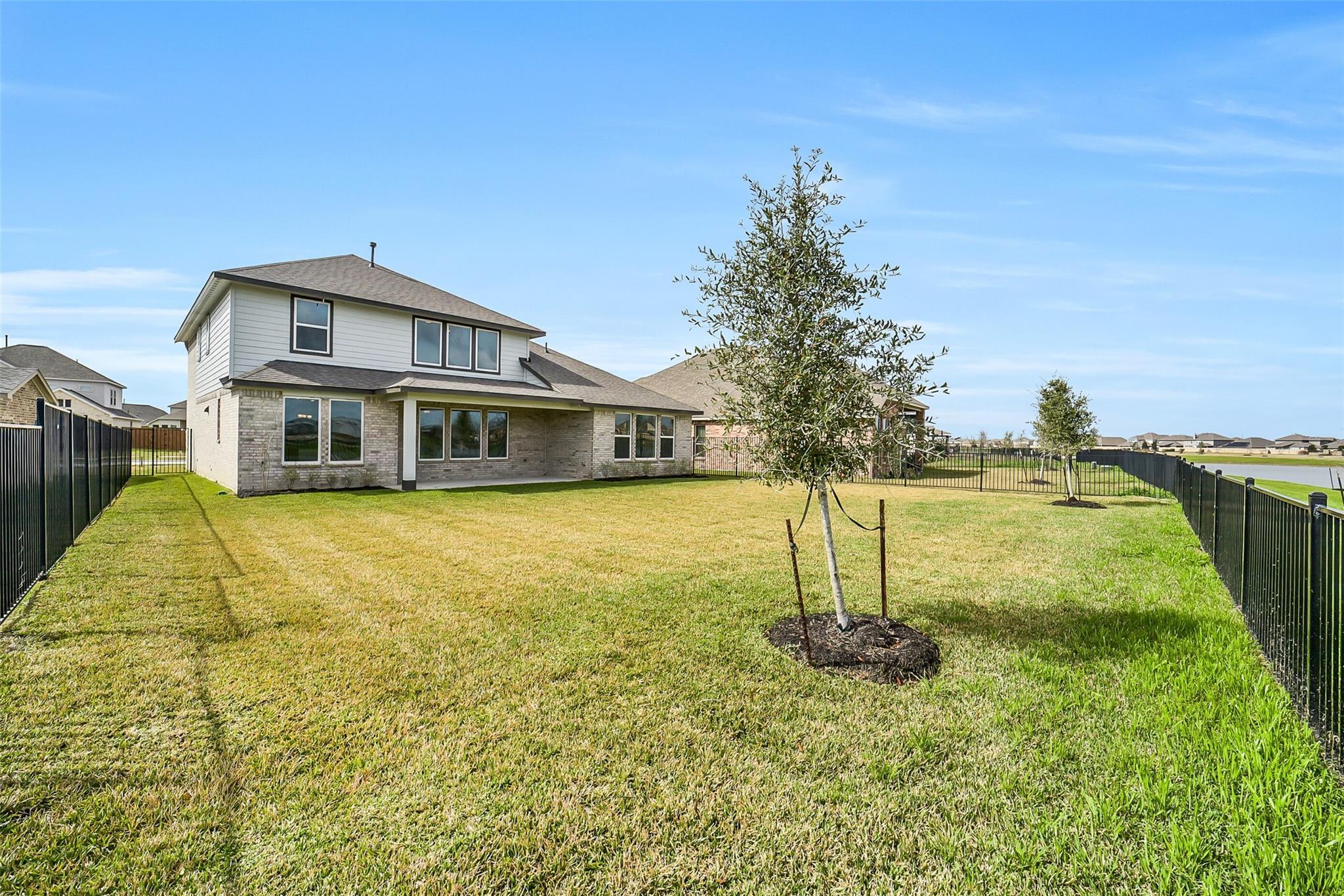 Expansive grassy backyard with covered patio, young trees, black fence in Davidson Homes The Philip B, Sierra Vista, Rosharon, Texas