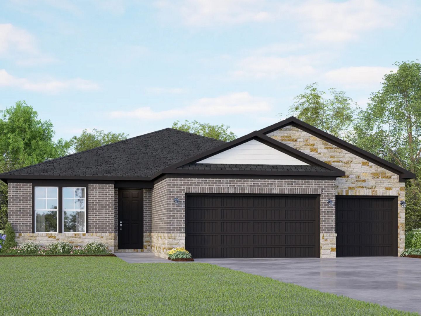 Modern brick and stone single-story home with 2-car garage, landscaped yard, and trees in The Reserve at Potranco Oaks, Castroville, Texas - Davidson Homes Lanier G