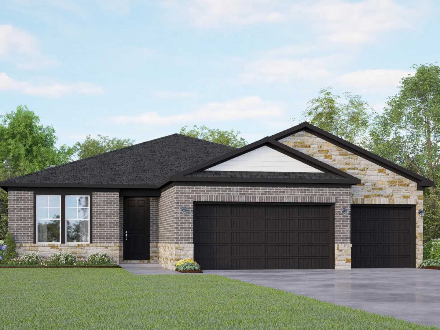 Modern brick and stone single-story home with 2-car garage, landscaped yard, and trees in The Reserve at Potranco Oaks, Castroville, Texas - Davidson Homes Lanier G